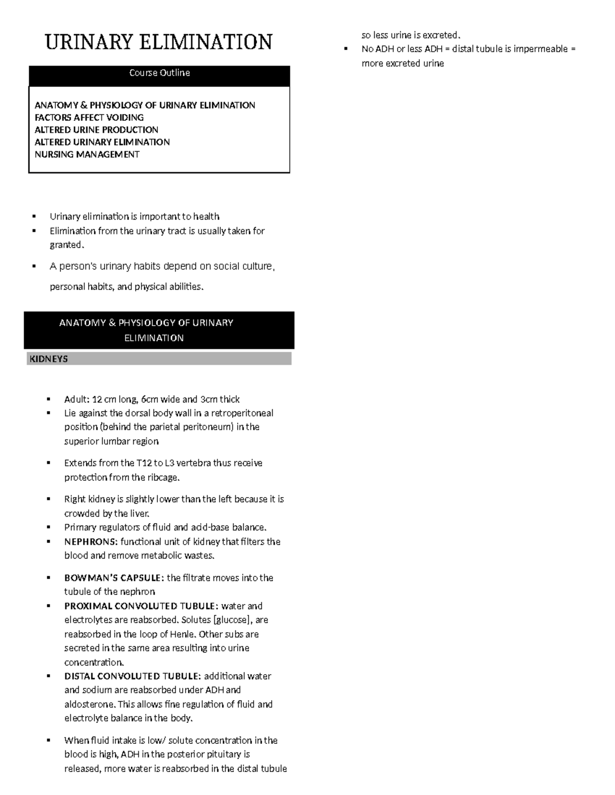 Catheterization Nursing notes URINARY ELIMINATION Course Outline