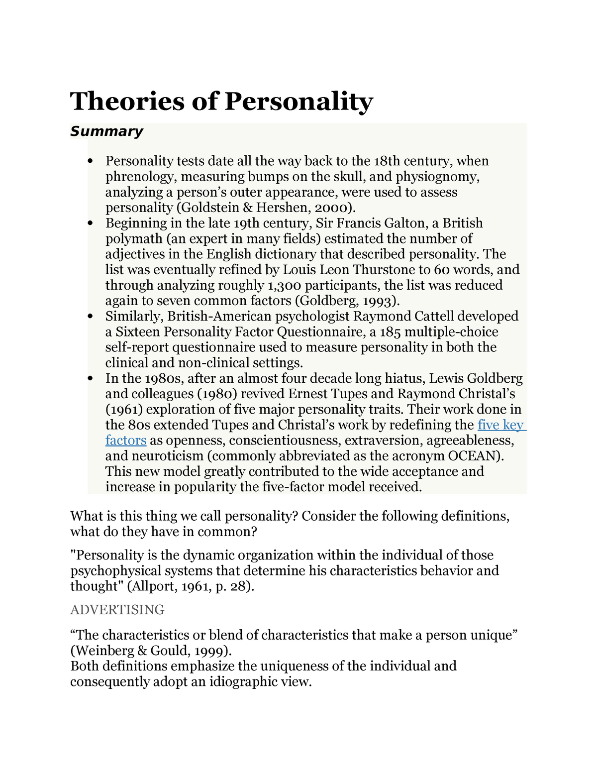 theories of personality essay questions