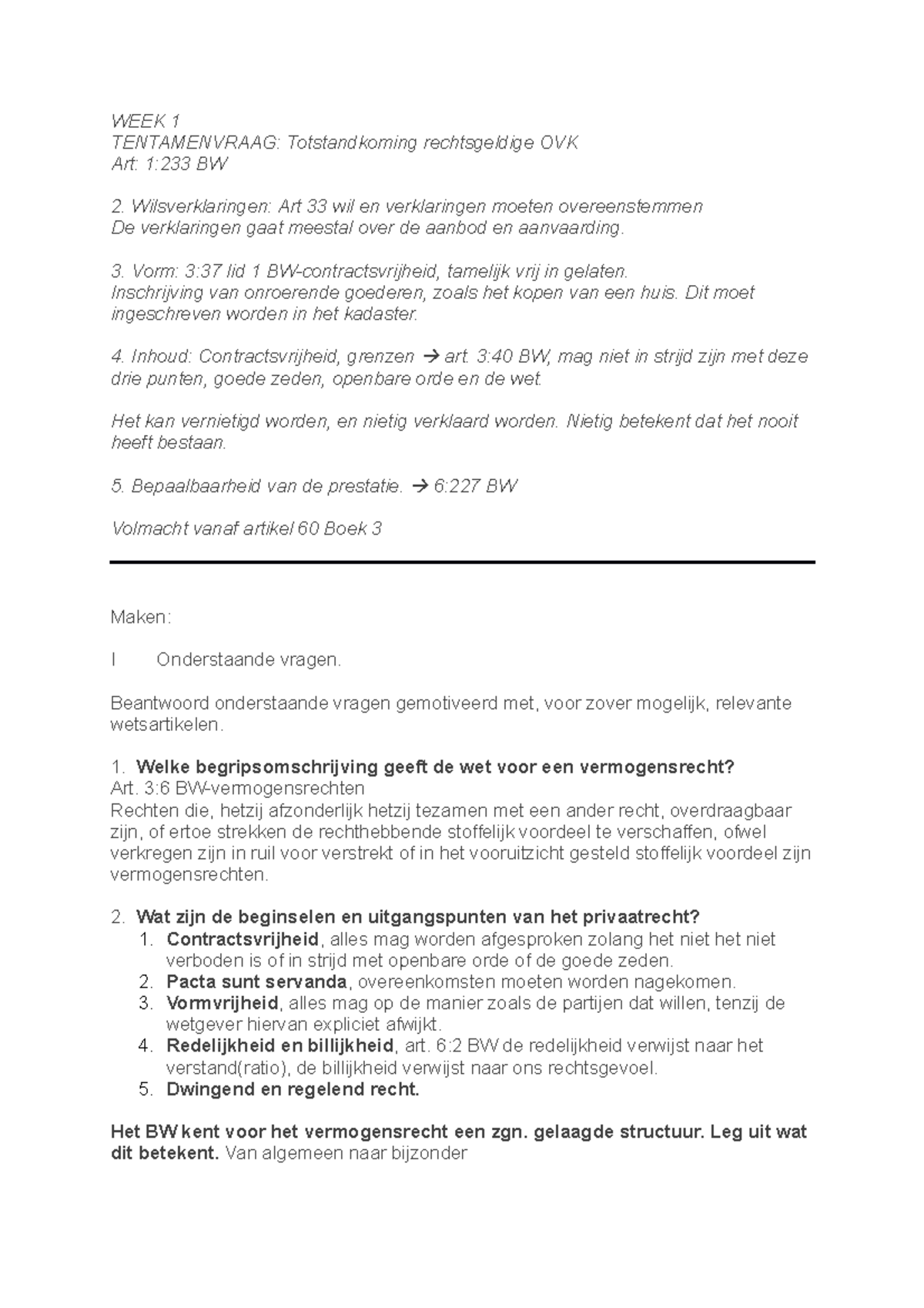 Verbintenissenrecht Week 1 HvA - WEEK 1 TENTAMENVRAAG: Totstandkoming ...