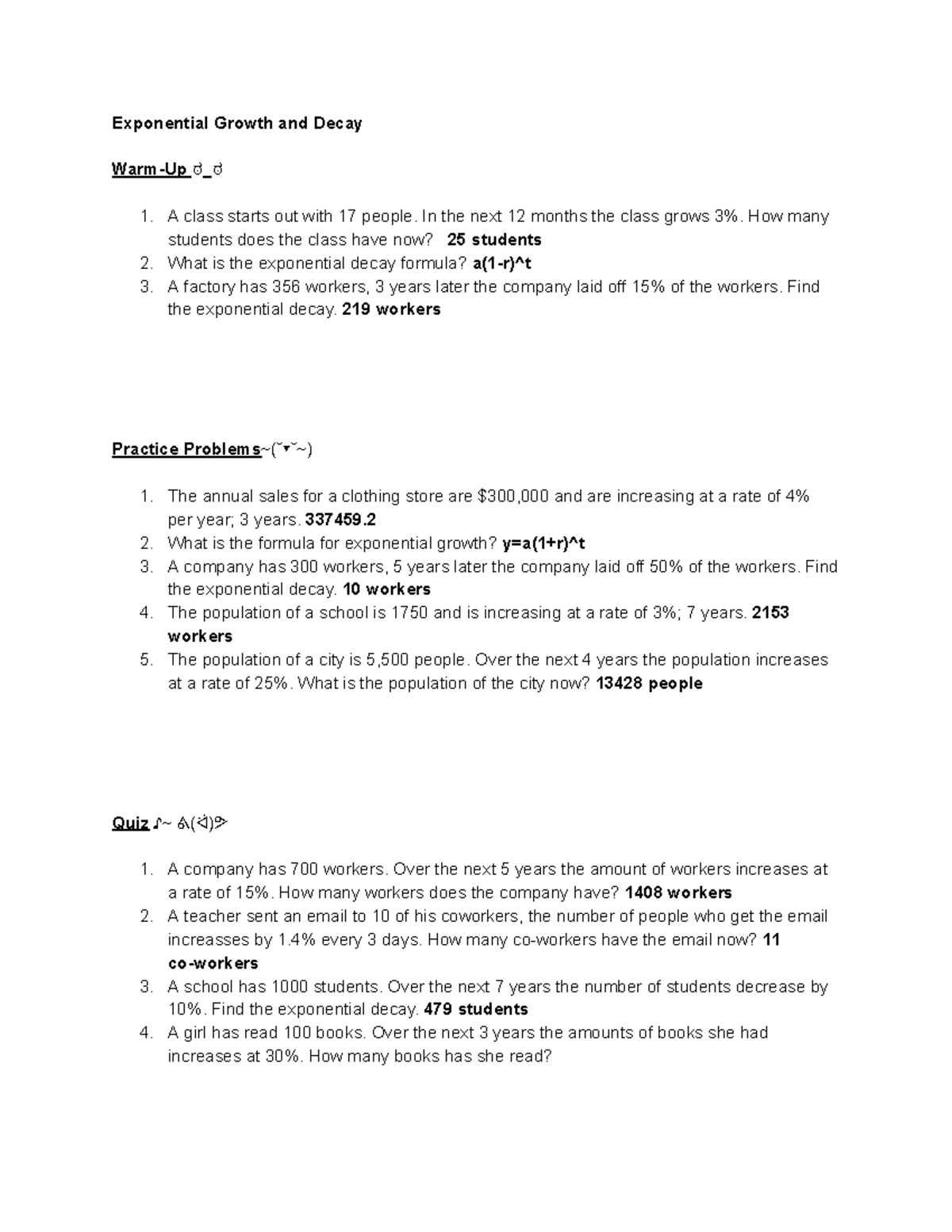 Expo. Growth And Decay - Exponential Growth And Decay Warm-up ಠ ಠ A 