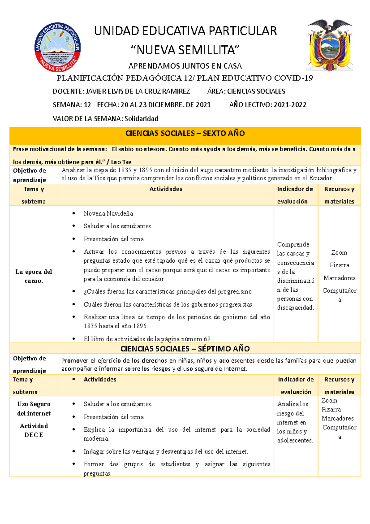 Planificacion Semana 12 Ciencias Sociales SET - UNIDAD EDUCATIVA ...