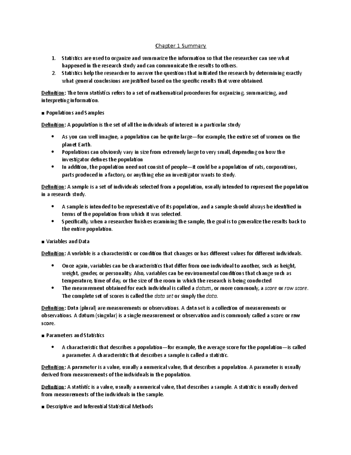 Chapter 1 - Lecture notes 1 - Chapter 1 Summary Staisics are used to ...