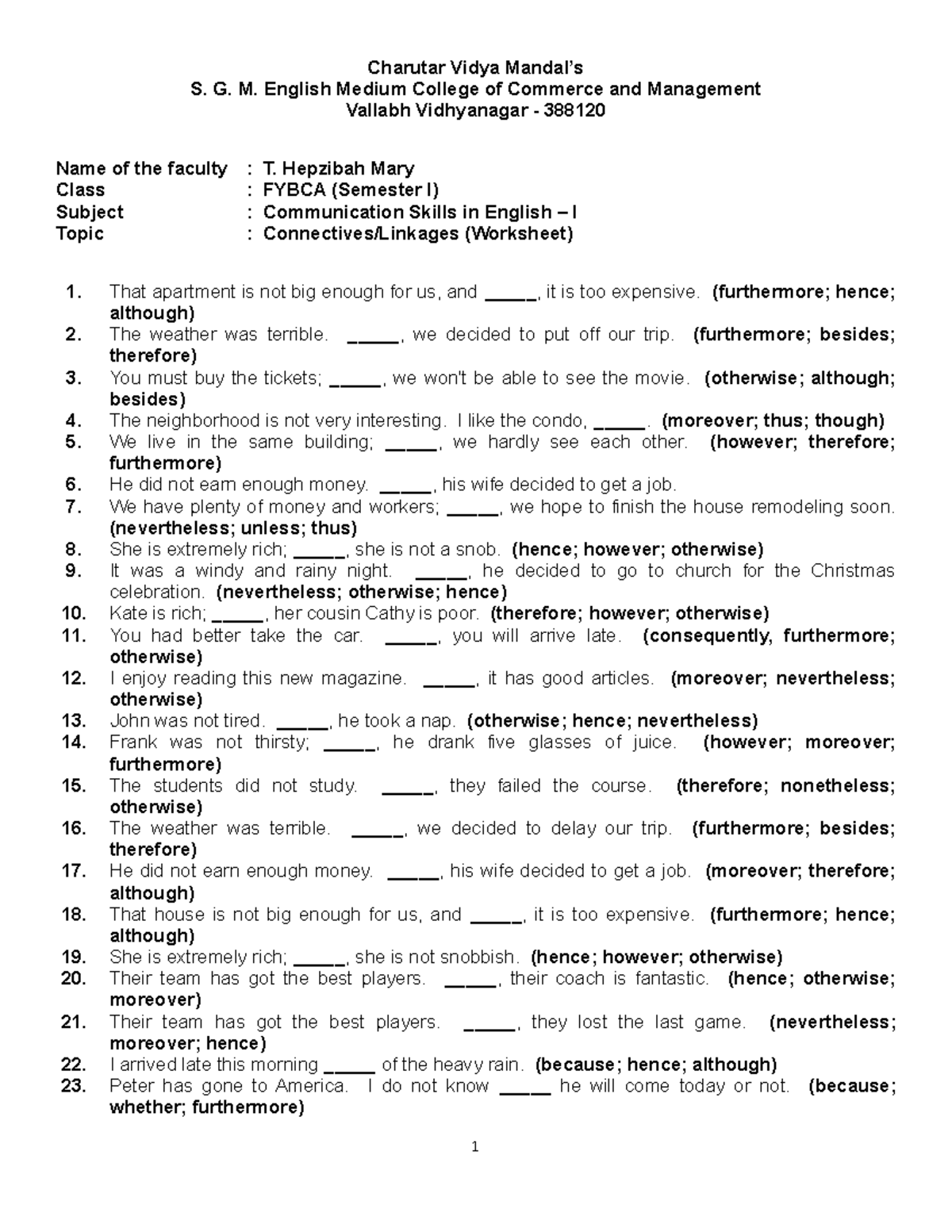 Connectives - Worksheet - Charutar Vidya Mandal’s S. G. M. English ...