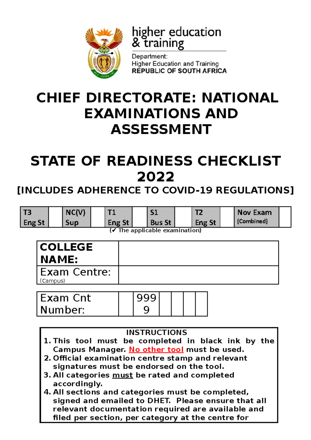 SOR Checklist TOOL - with Covid-19 Compliance 2022 Exams - CHIEF ...