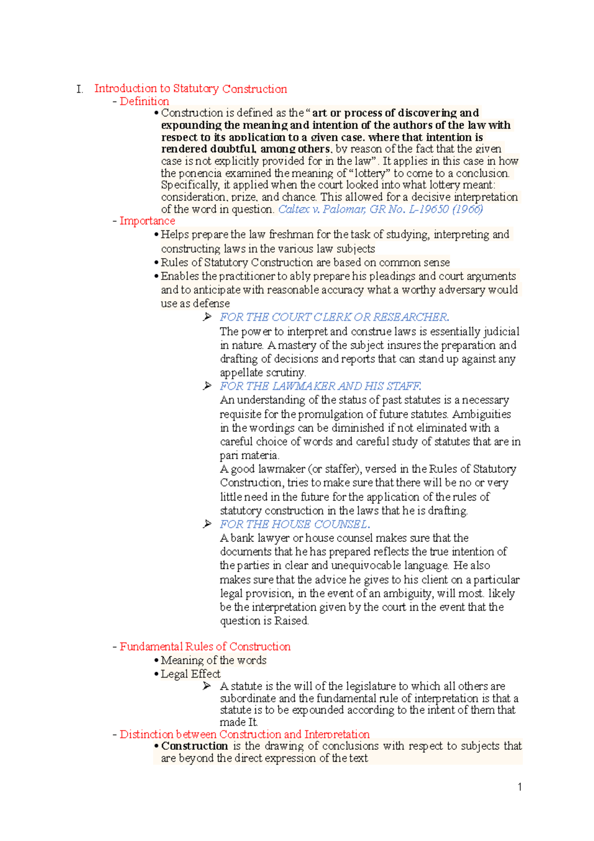 Midterm Reviewer Statutory Construction I. Introduction to Statutory Construction