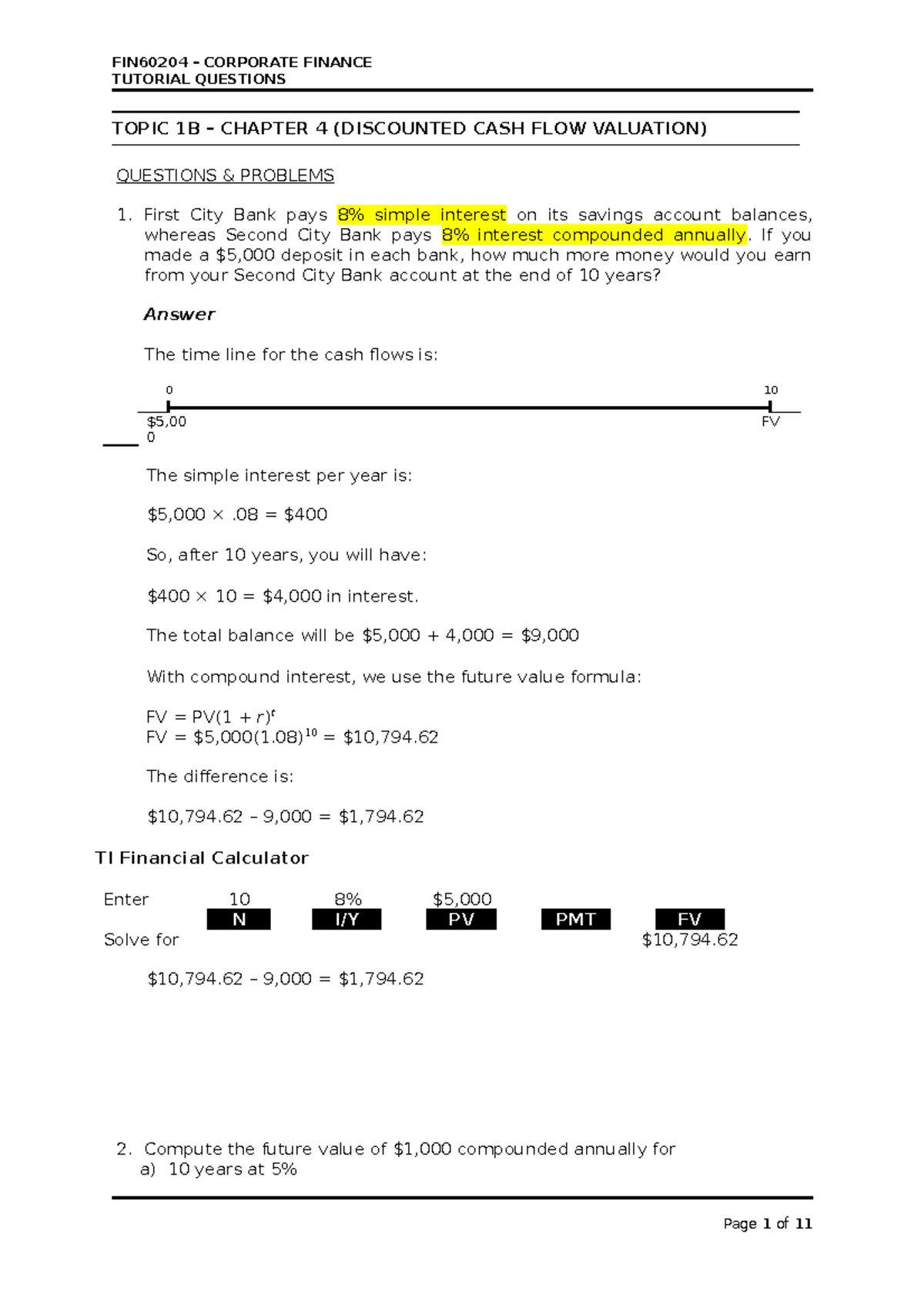 Corporate Finance Tutorial 1B Solutions (Student) - TUTORIAL QUESTIONS ...