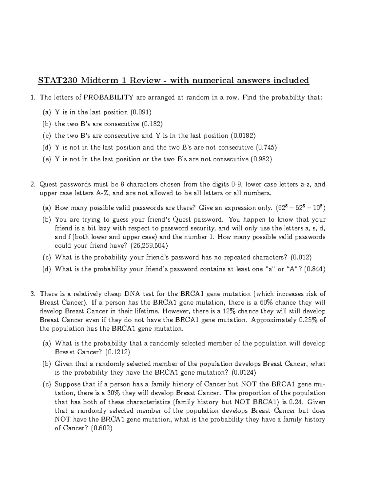 Review Midterm 1 F22 - STAT230 Midterm 1 Review - With Numerical ...