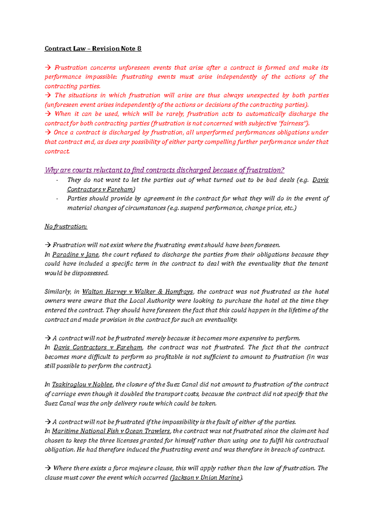 8. Frustration - Revision notes from lecture + book - Contract Law ...