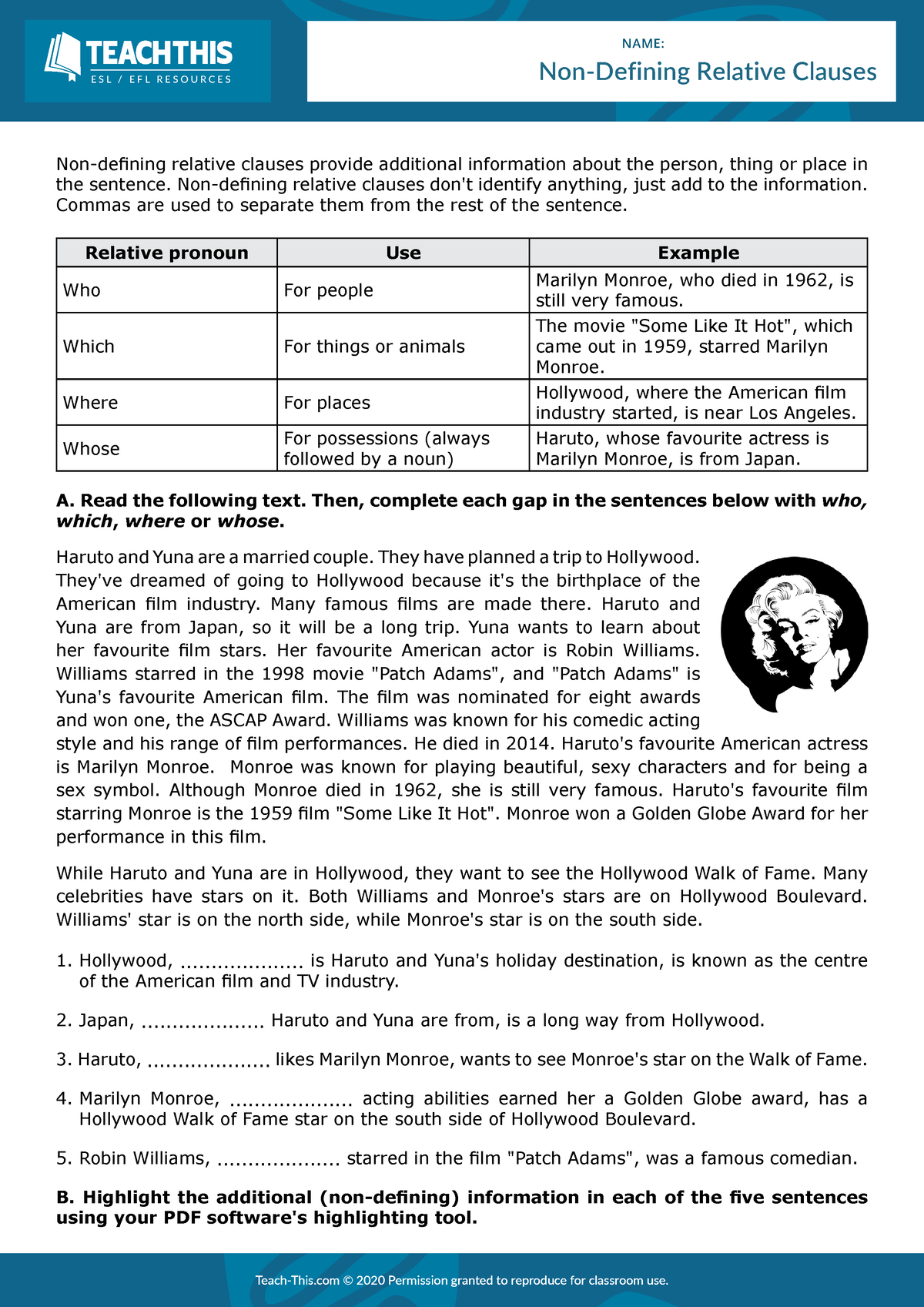 Non-Defining Relative Clauses Interactive Worksheet - ESL / EFL ...