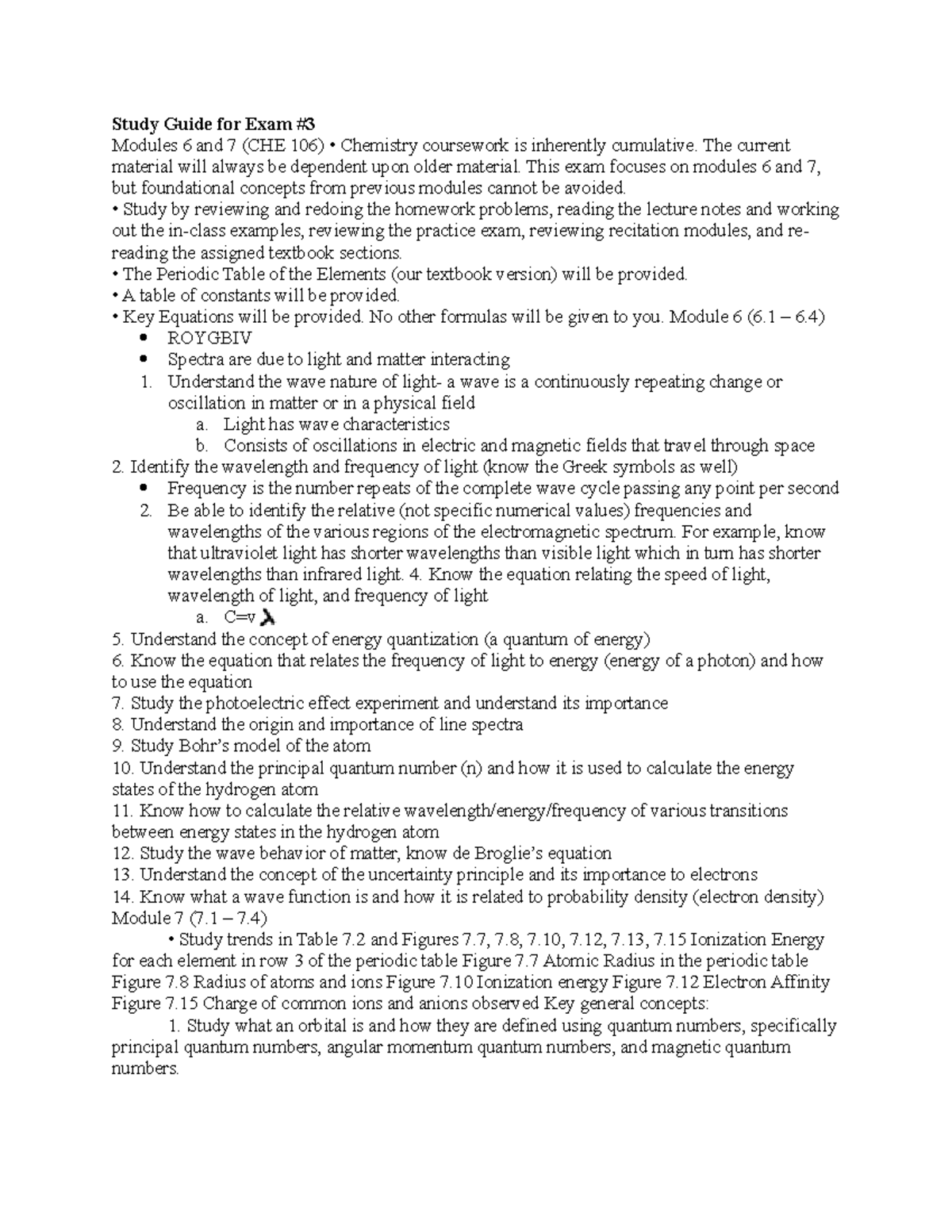 Study Guide for Che 116 Exam - Study Guide for Exam # Modules 6 and 7 ...