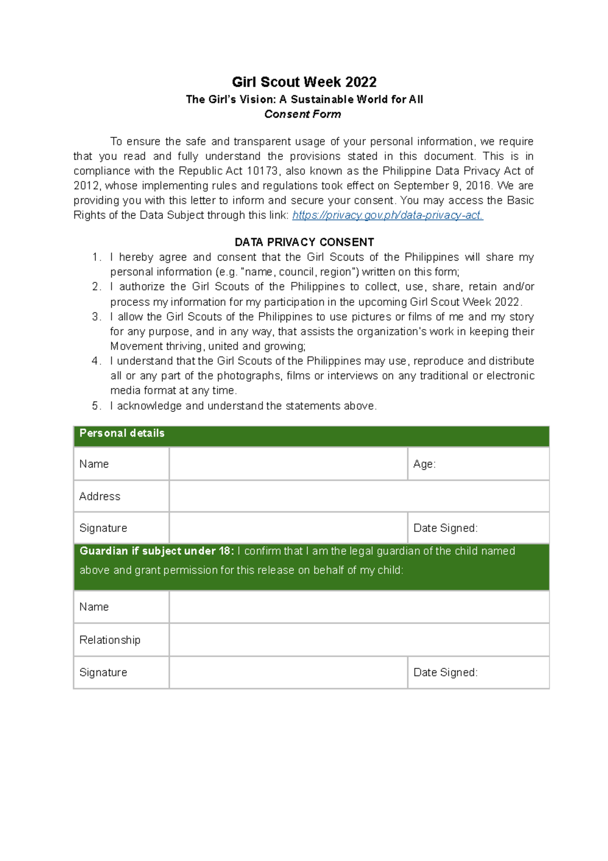 Consent Form gsp Girl Scout Week 2022 The Girl’s Vision A