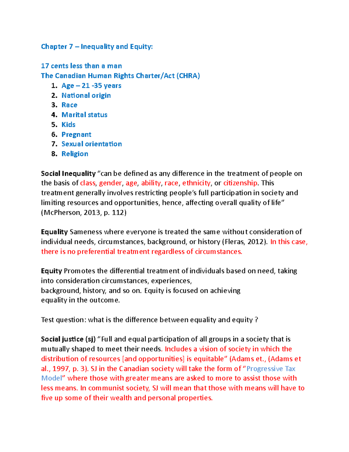 Chapter 7 Notes 1 - Chapter 7 – Inequality and Equity: 17 cents less ...