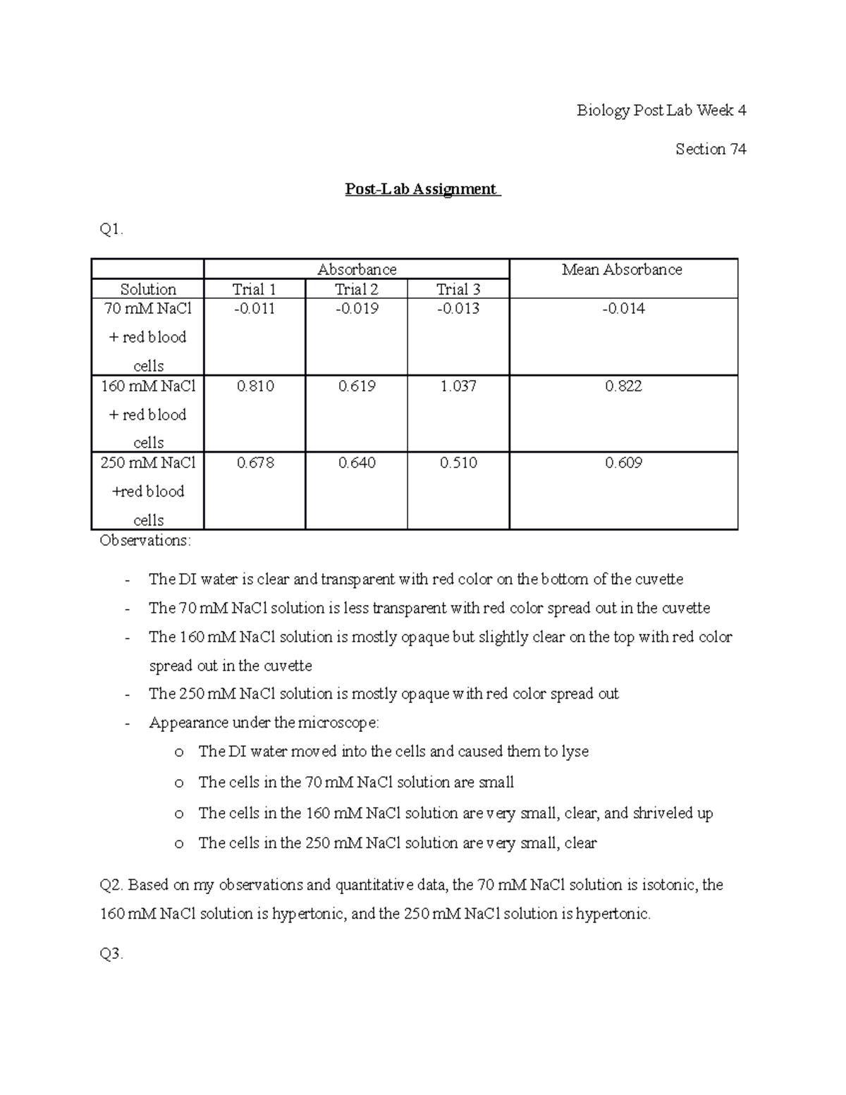 Biology Post Lab Week 4 Absorbance Mean Absorbance Solution Trial 1