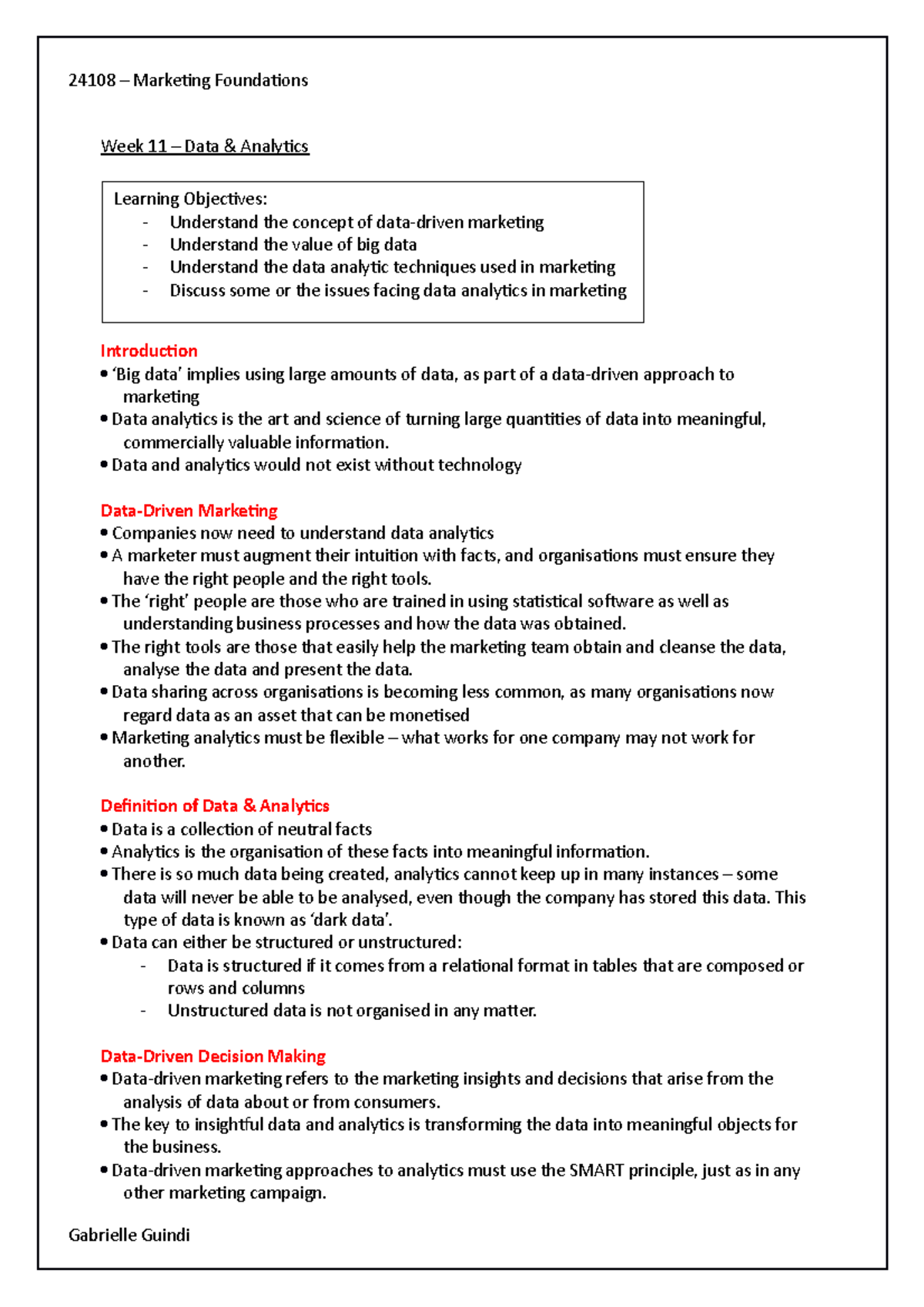 Week 11 – Data & Analytics - 24108 – Marketing Foundations Week 11 ...