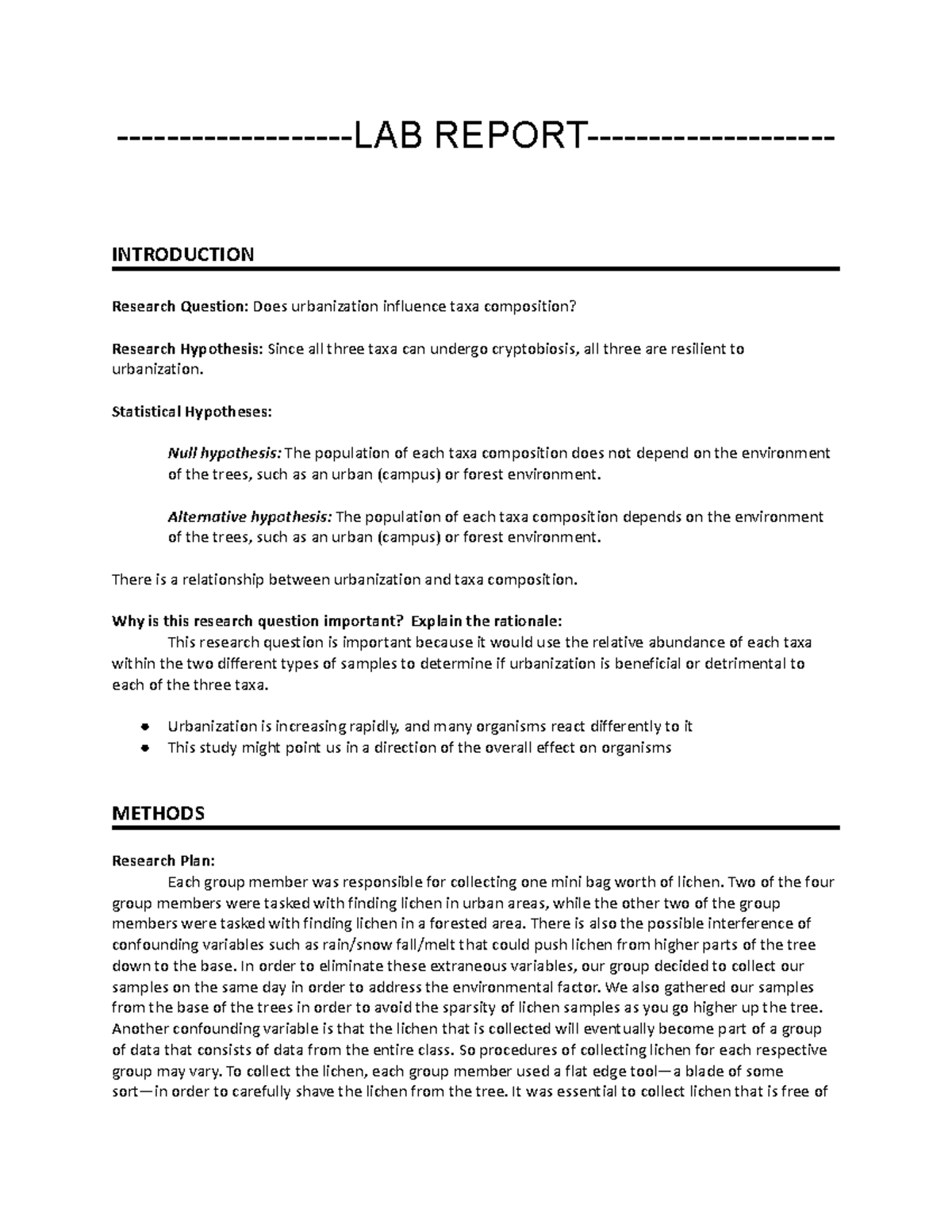 Tardigrade Lab Report - In class and post class assignments designed to ...