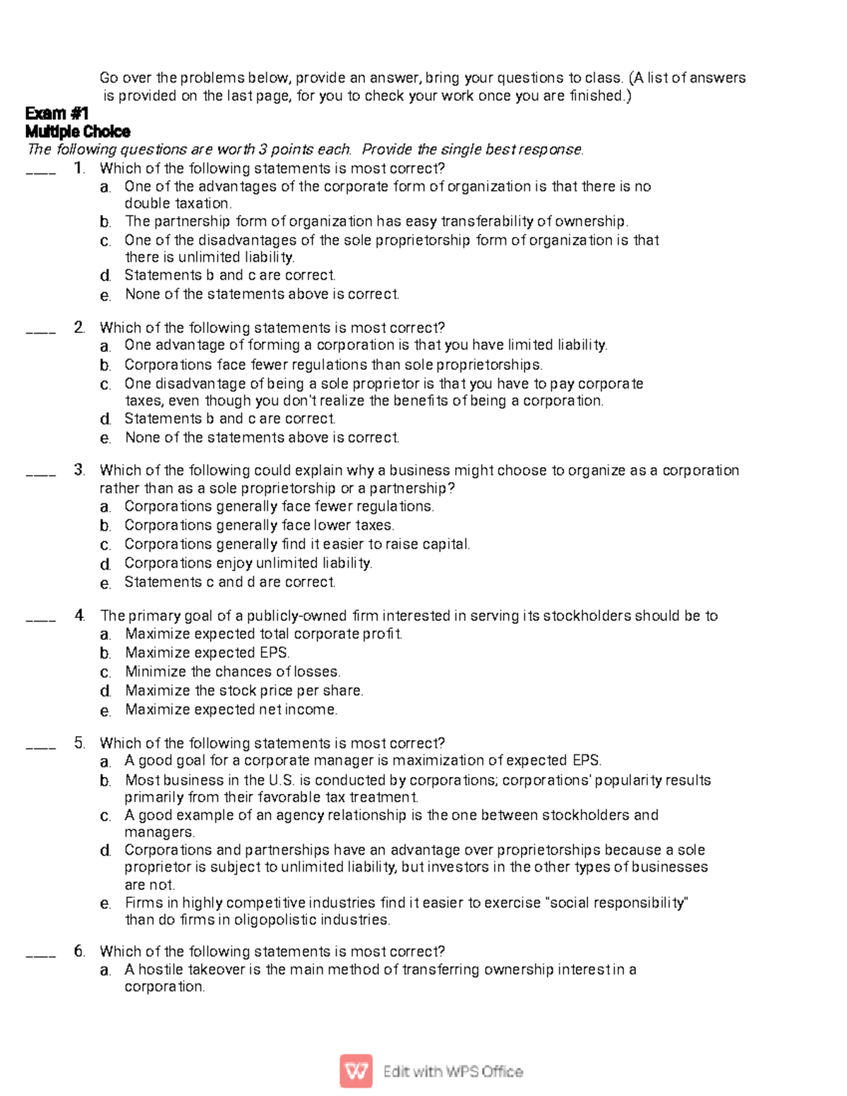 FIN. MAN. Practice Materials - Go over the problems below, provide an ...