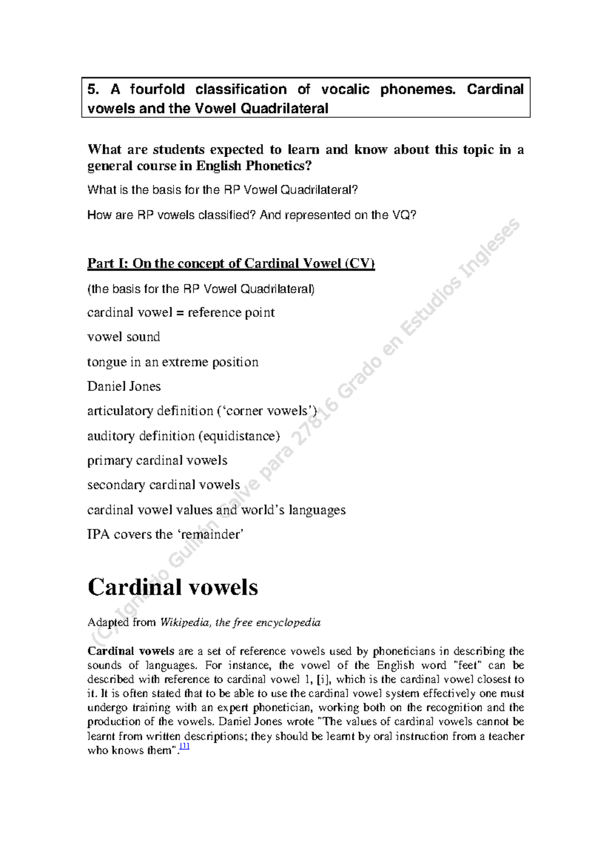 Outline for Topic 5 Classification of vowels Cardinal Vowels and Vowel ...