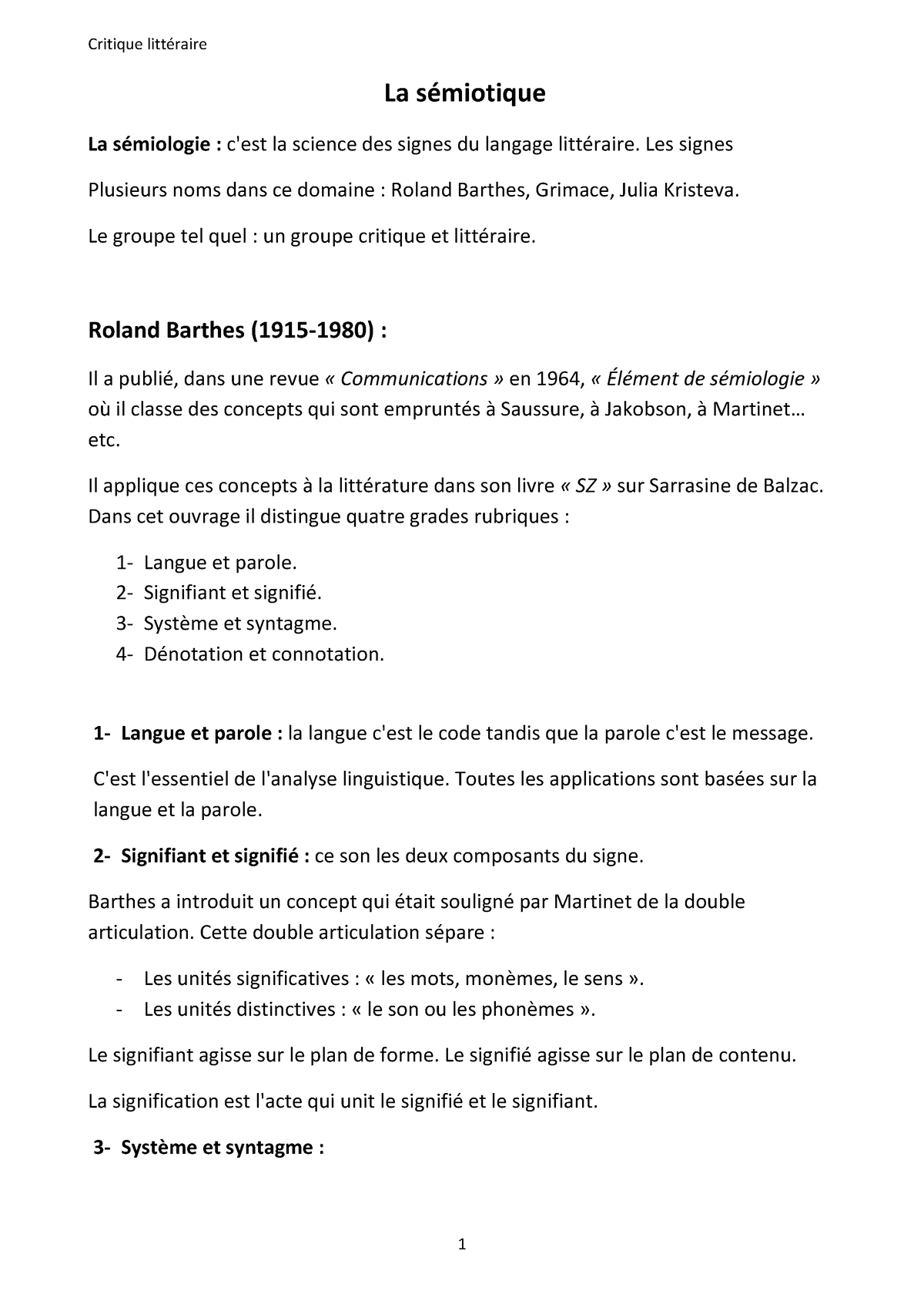 Cours De Critique Litteraire 1 - ϭ La Sémiotique La Sémiologie : C'est ...