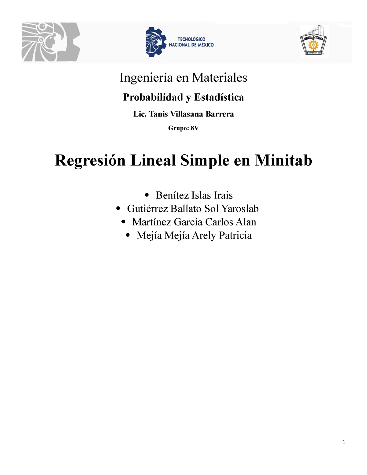 Regresión Lineal Simple en Minitab - Ingeniería en Materiales Probabilidad  y Estadística Lic. Tanis - Studocu