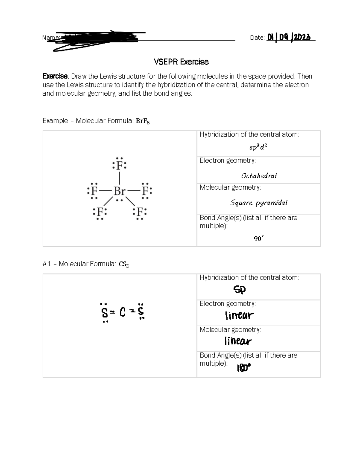 daily assignment vsepr practice