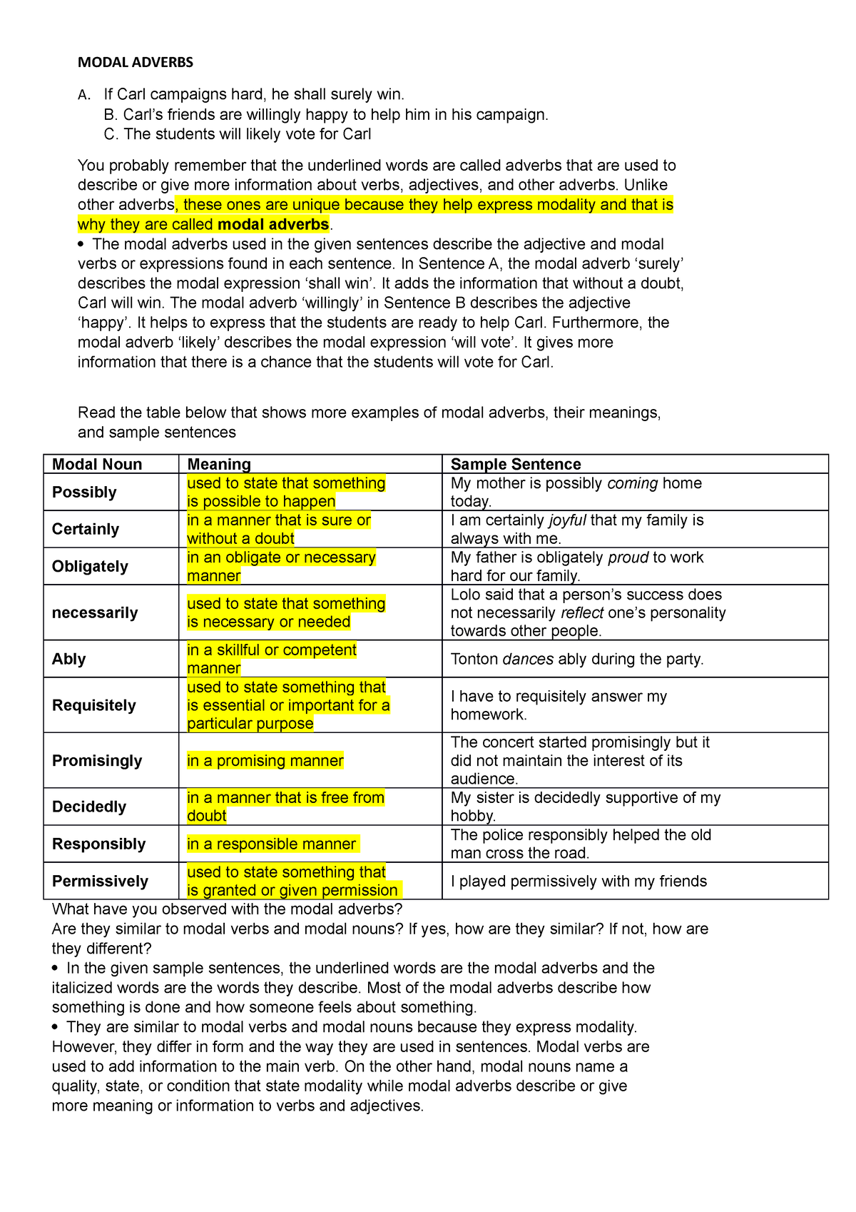 Modal Adverbs English Notes MODAL ADVERBS A If Carl Campaigns Hard 