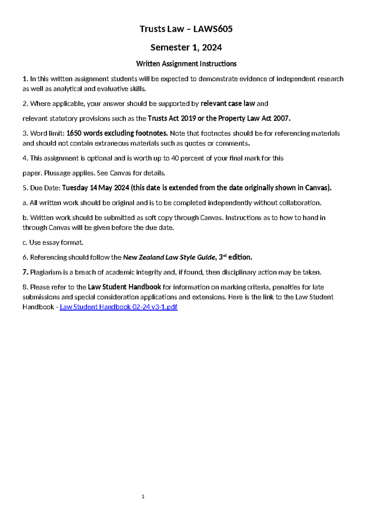 Trusts Assignment 2024 - 1 Trusts Law – LAWS Semester 1, 2024 Written ...