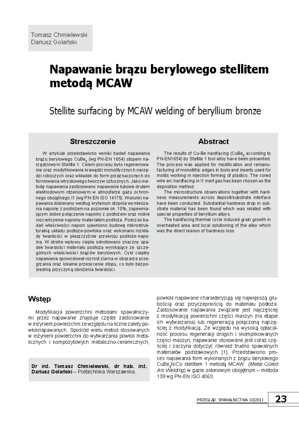 Napawanie brazu berylowego stellitem metoda MCAW - Tomasz Chmielewski ...
