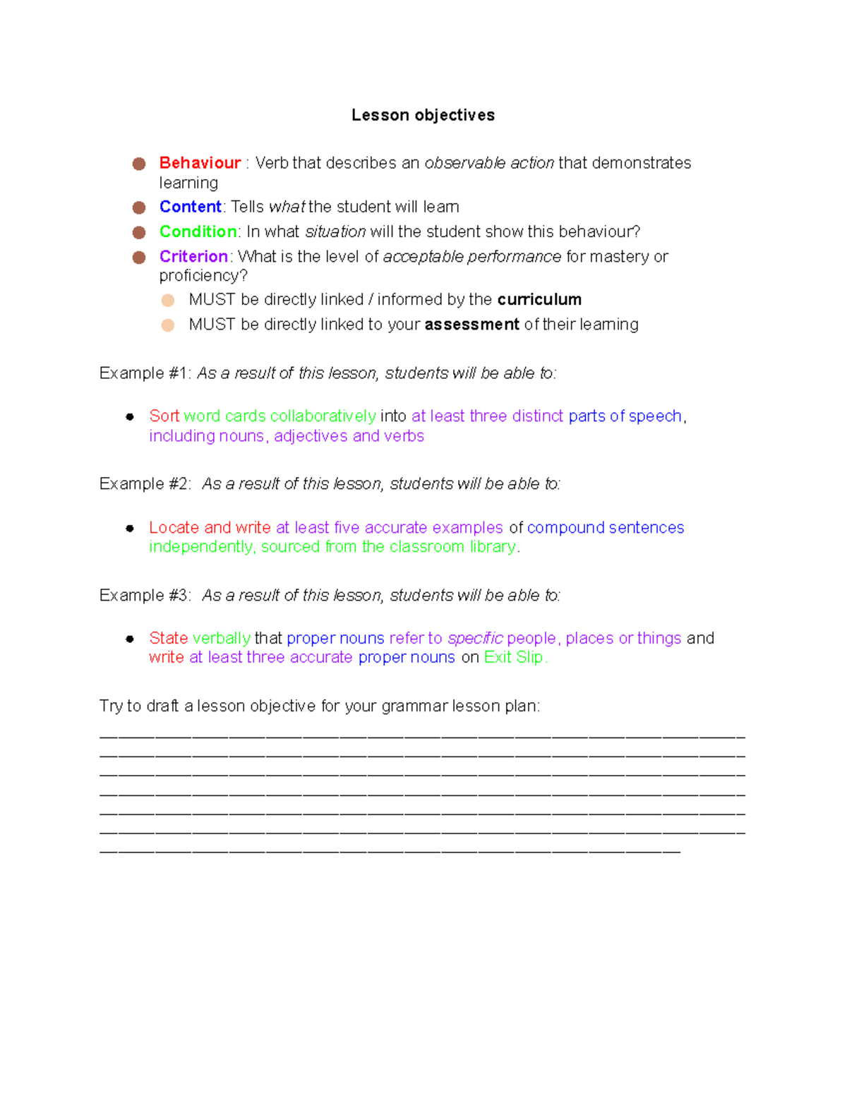 Lesson objectives Lesson objectives Behaviour Verb that describes