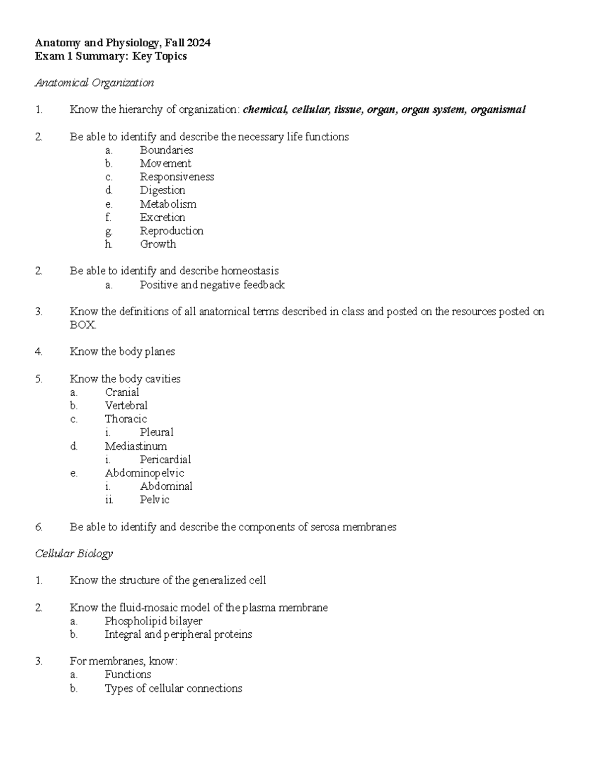 APFall 24 127 Exam 1 Review Sheet - Anatomy and Physiology, Fall 2024 ...