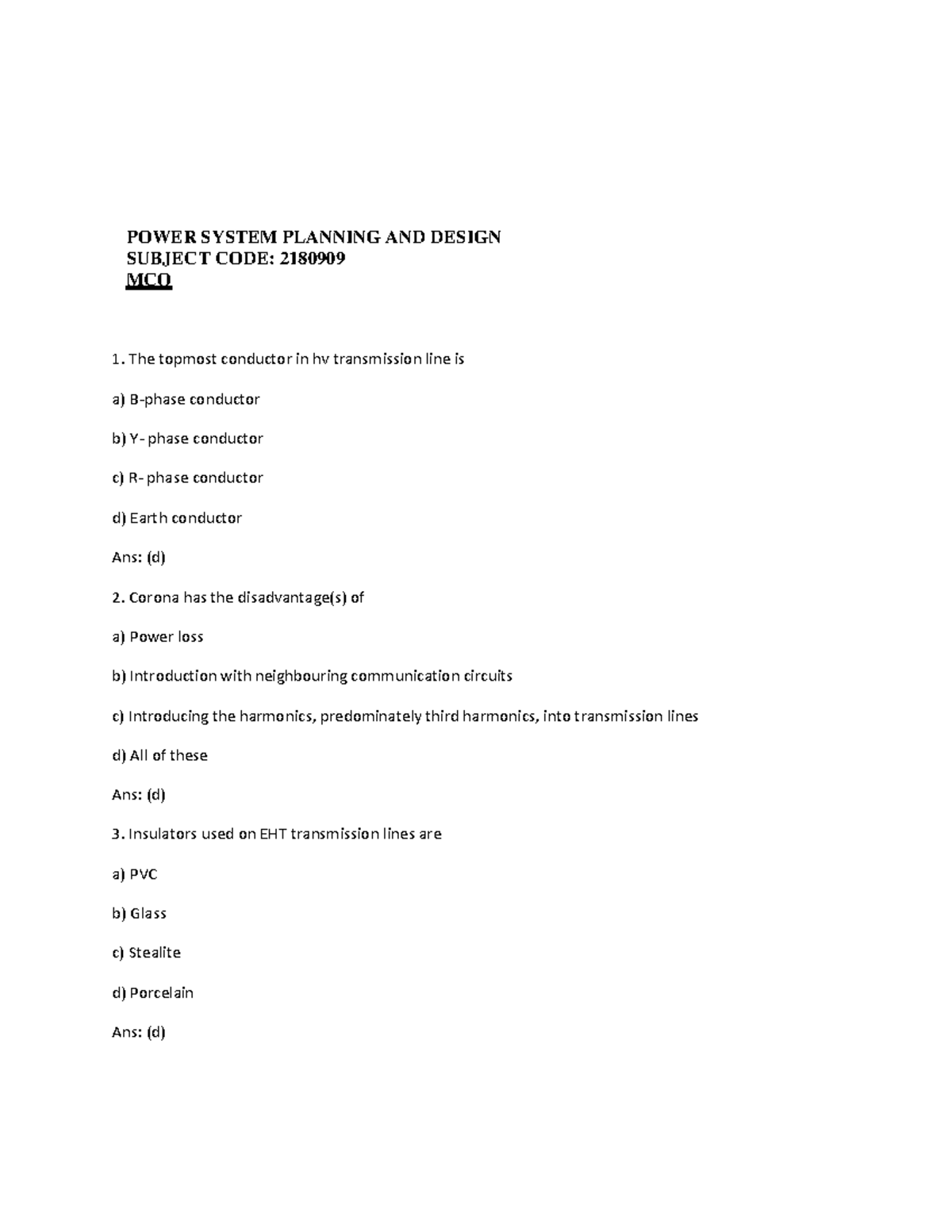 Mcq Of Power System Planning And Design2180909 Power System Planning