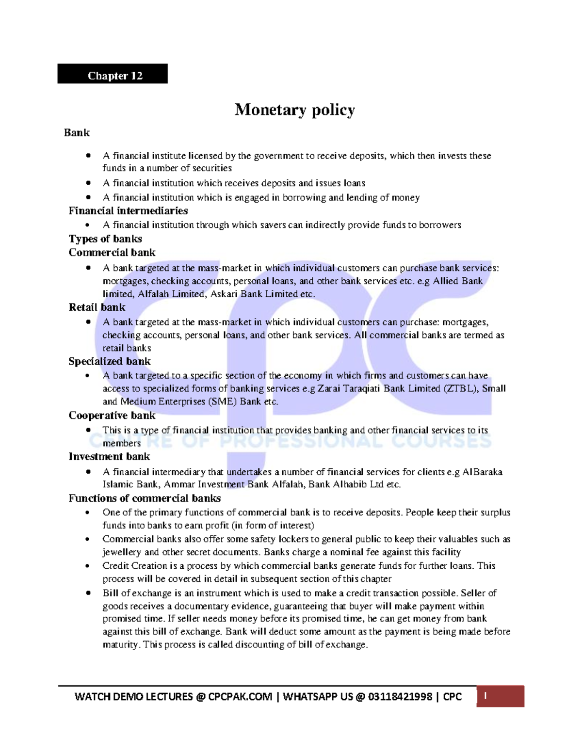 CPC PRC3 CHAP12 Notes Chapter 12 Bank policy A financial
