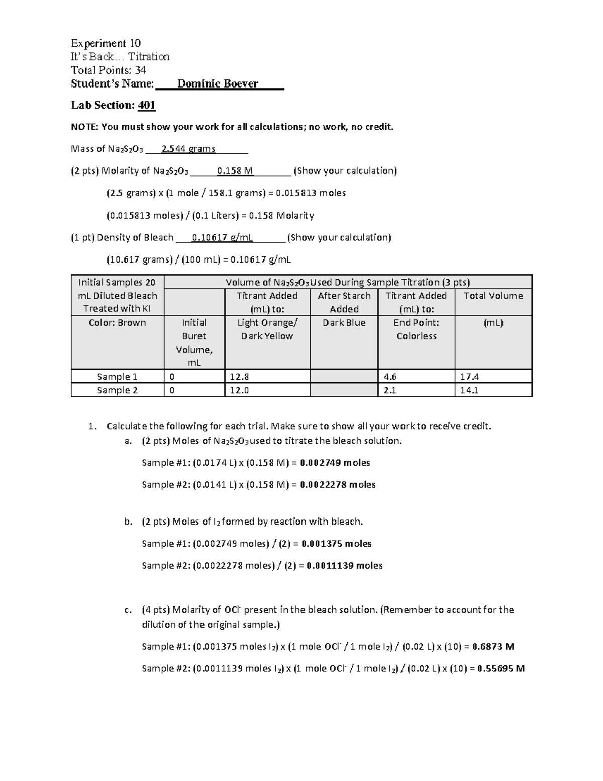 CHEM 110 L Experiment 10 It's Back... Titration version 2 Experiment