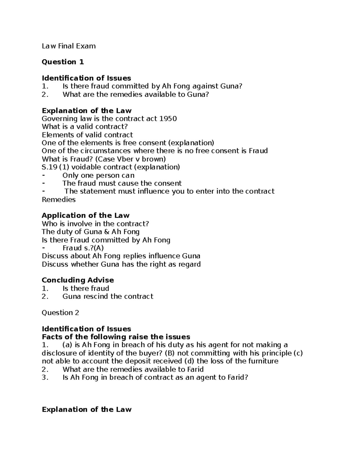 Law Final Exam Law Final Exam Question 1 Identification of Issues Is