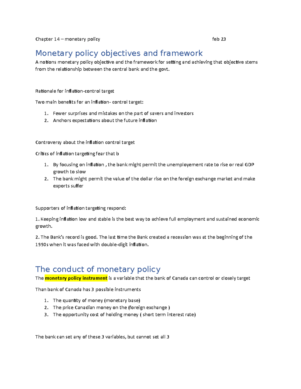 Chapter 14 - Lecture notes 14 - Chapter 14 – monetary policy feb 23 ...