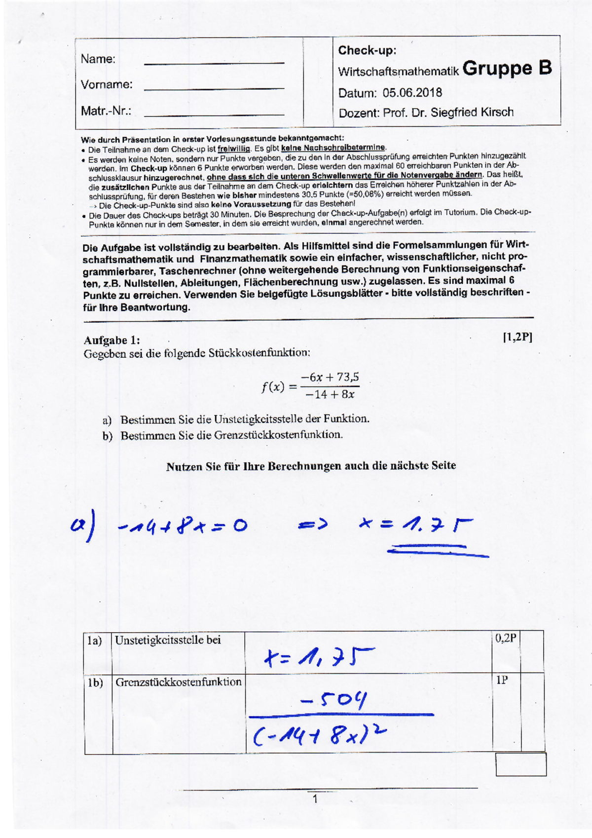 Checkup SS2018 Gruppe B - Wirtschaftsmathematik - Studocu