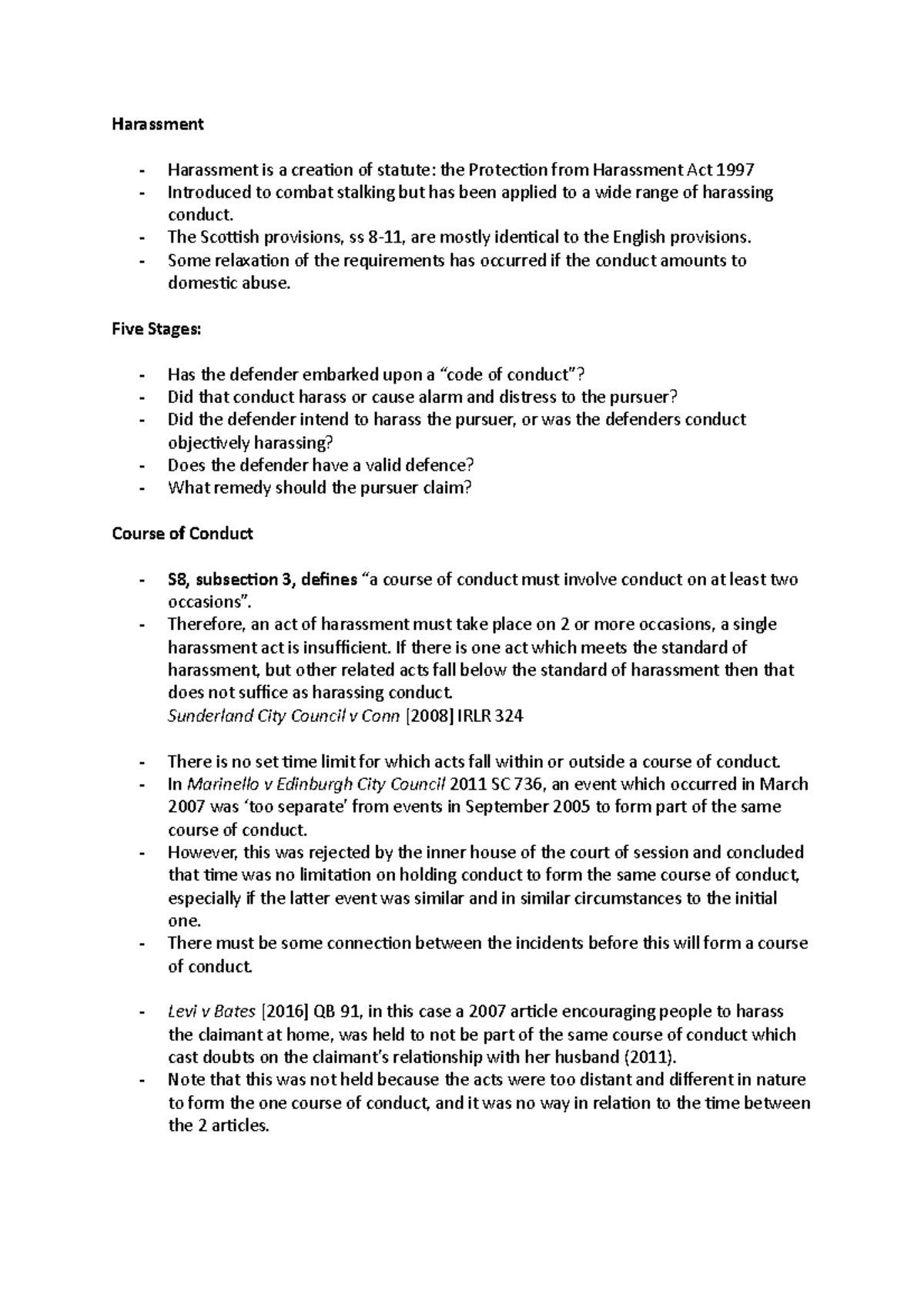 Harassment - Lecture notes 6 - Harassment - Harassment is a creation of ...