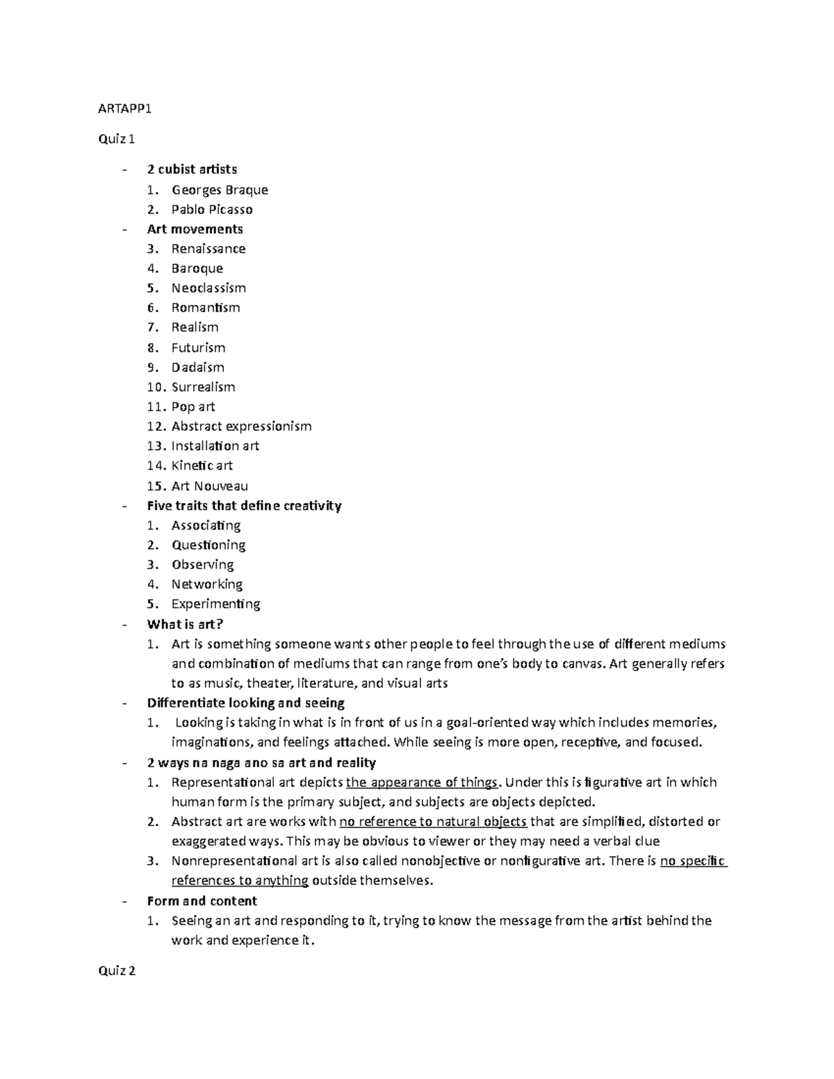 Artapp 1 Notes for Quiz 1 and 2 - ARTAPP Quiz 1 2 cubist artists ...