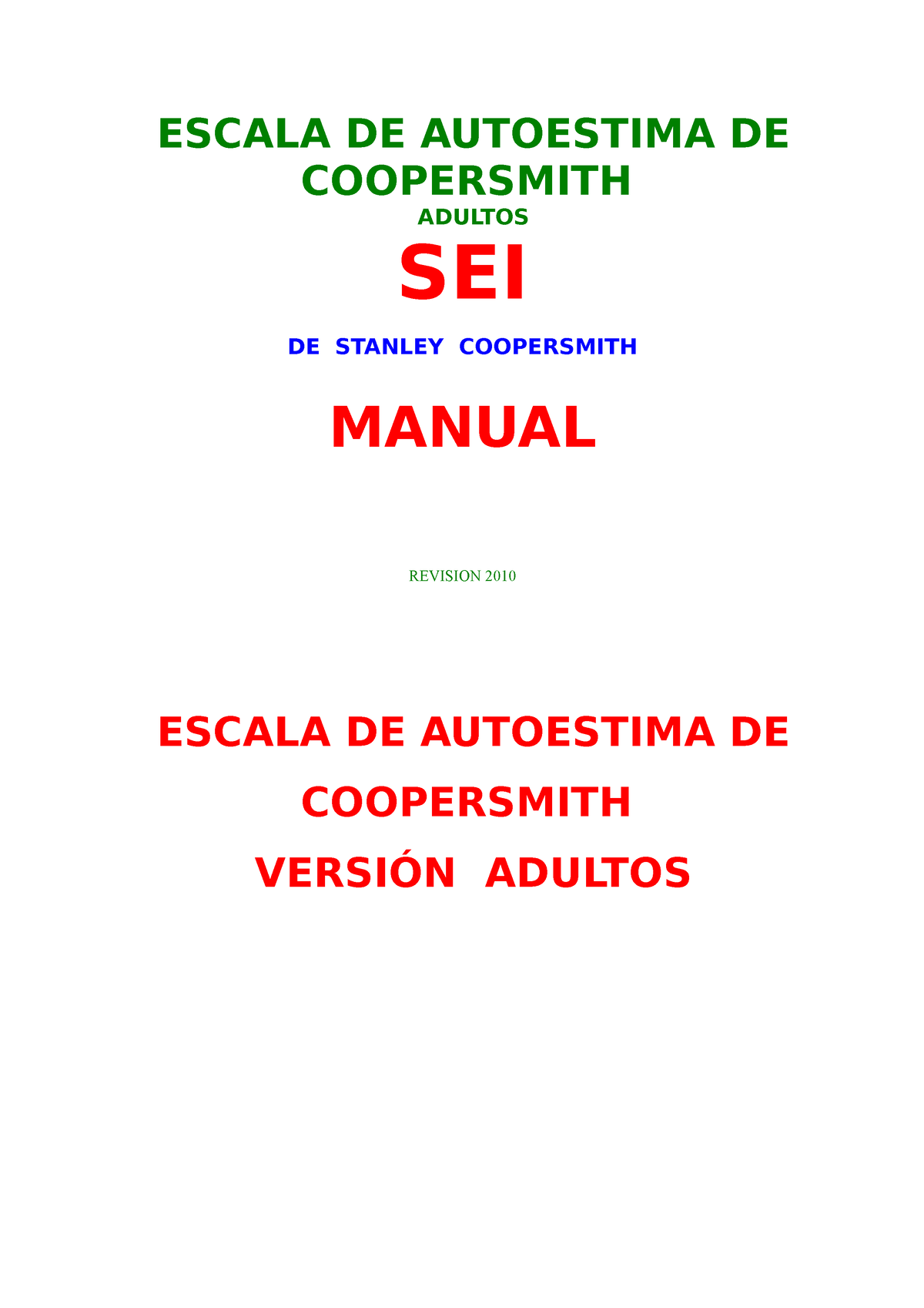 Manual Materiales Psicología Sexto Semestre Escala De Autoestima De Coopersmith Adultos Sei 7298