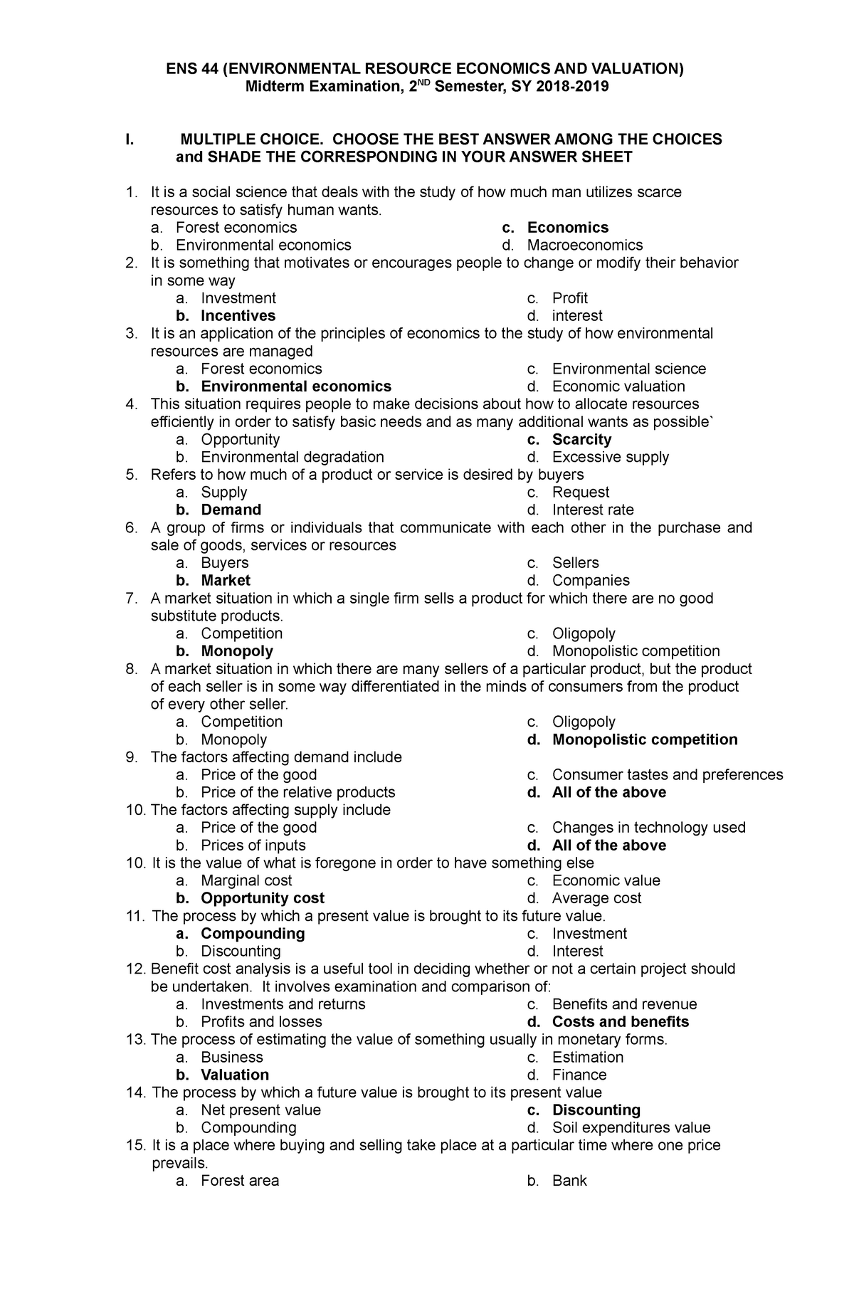 EXAM MIDTERM 10 March, questions and answers - ENS 44 (ENVIRONMENTAL ...