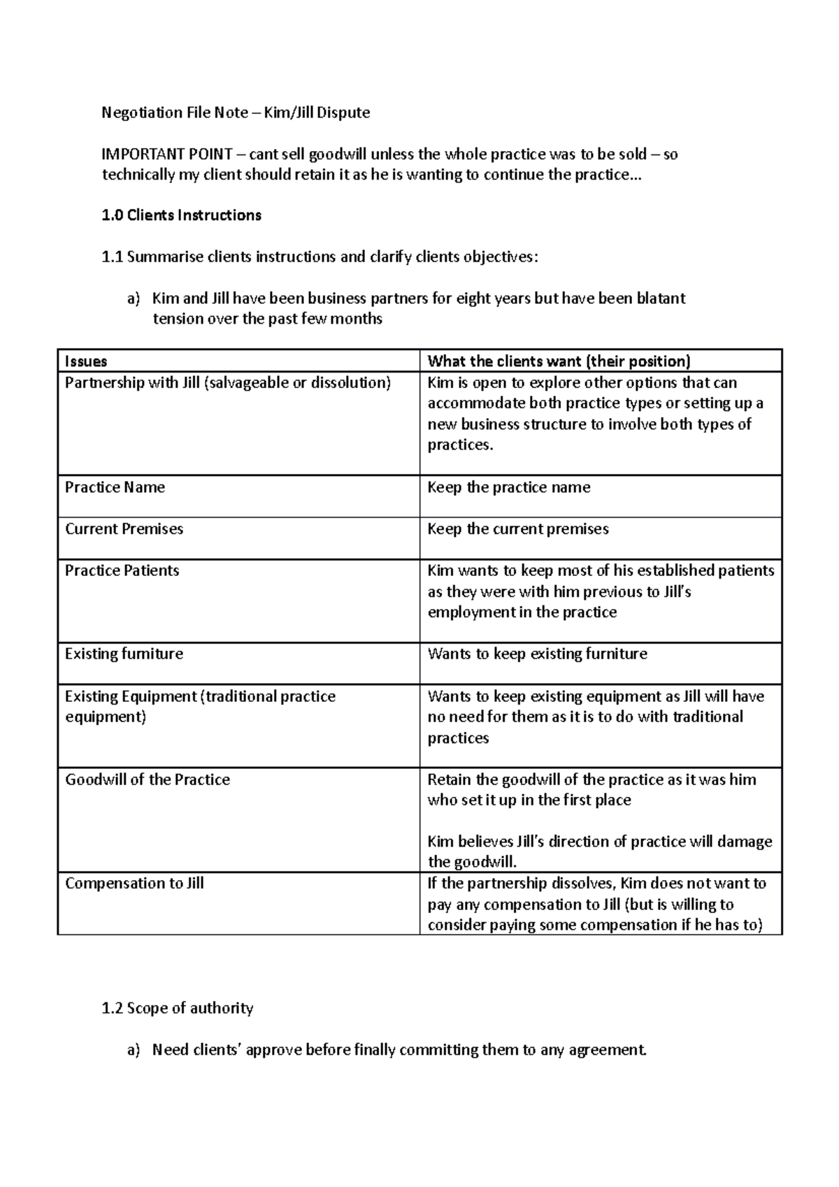 Notes for Kim Negotiation Assessment - Negotiation File Note – Kim/Jill ...