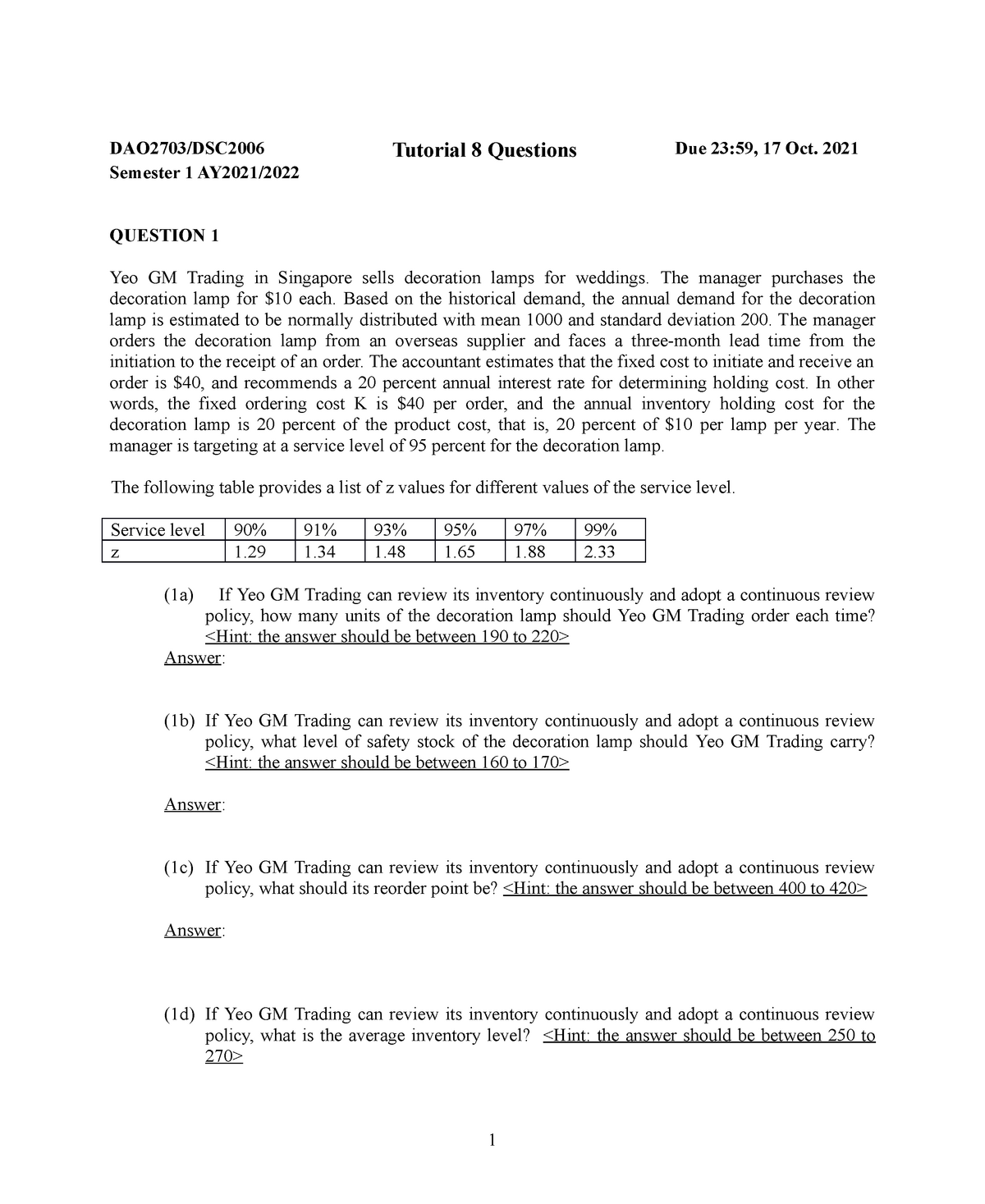 Tutorial 8 Questions - DAO2703 - NUS - StuDocu