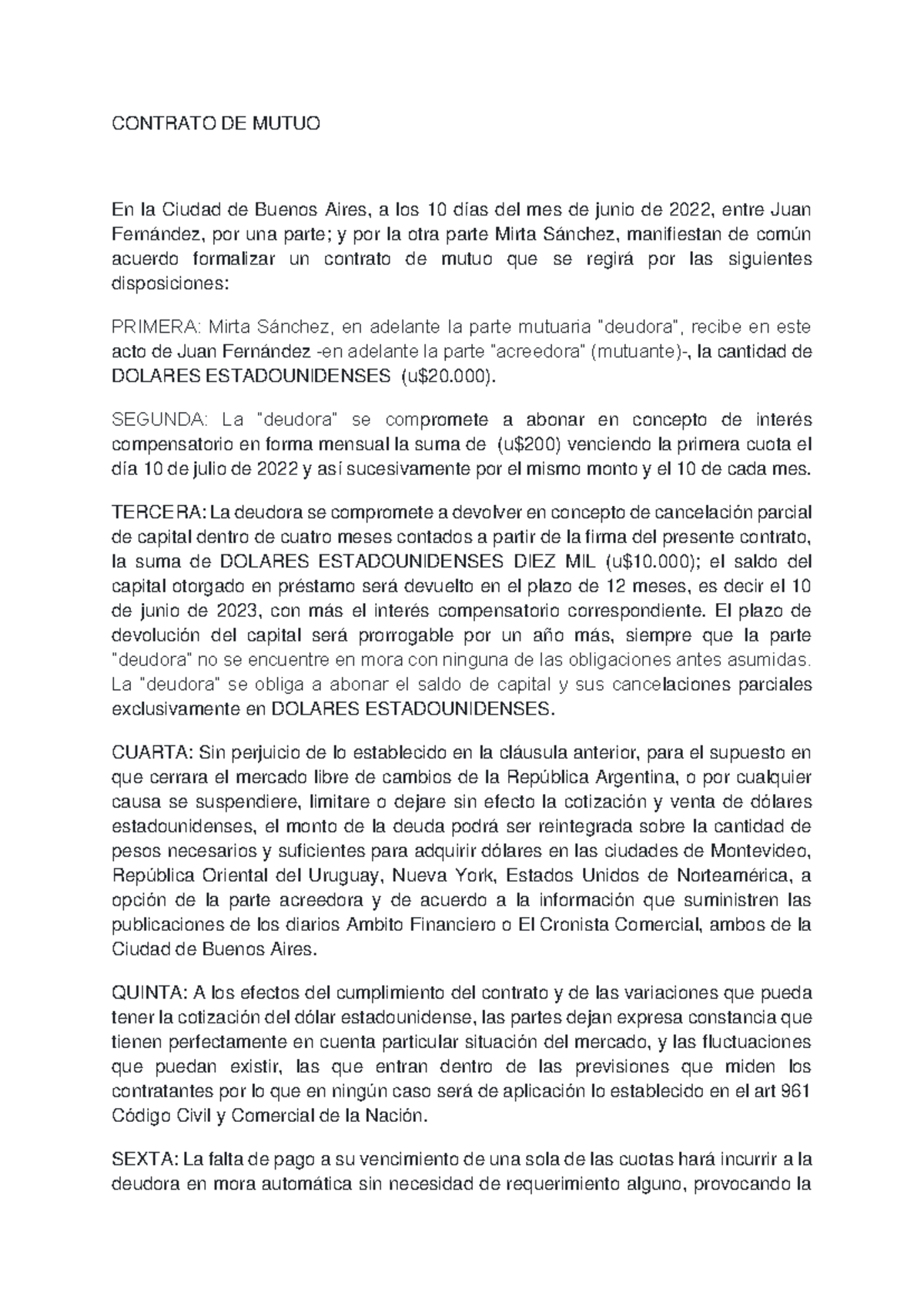 Contrato DE Mutuo - CONTRATO DE MUTUO En la Ciudad de Buenos Aires, a ...