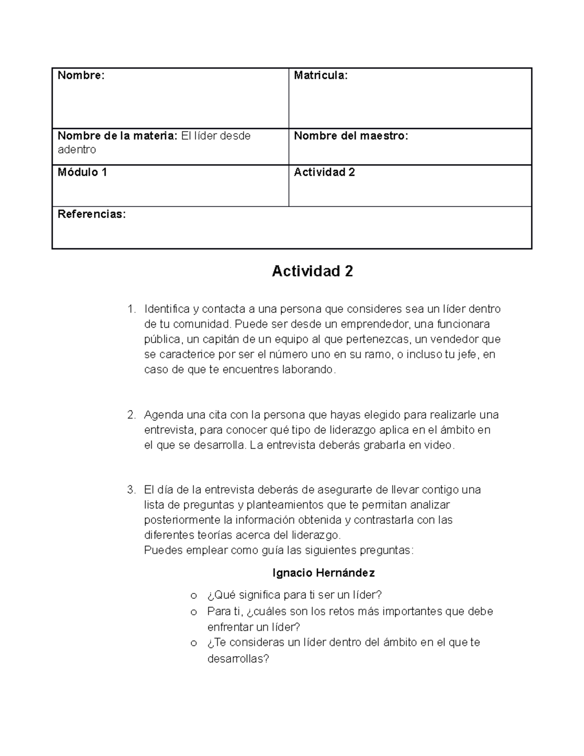 Actividad 2 lider desde adentro - Nombre: Matricula: Nombre de la ...