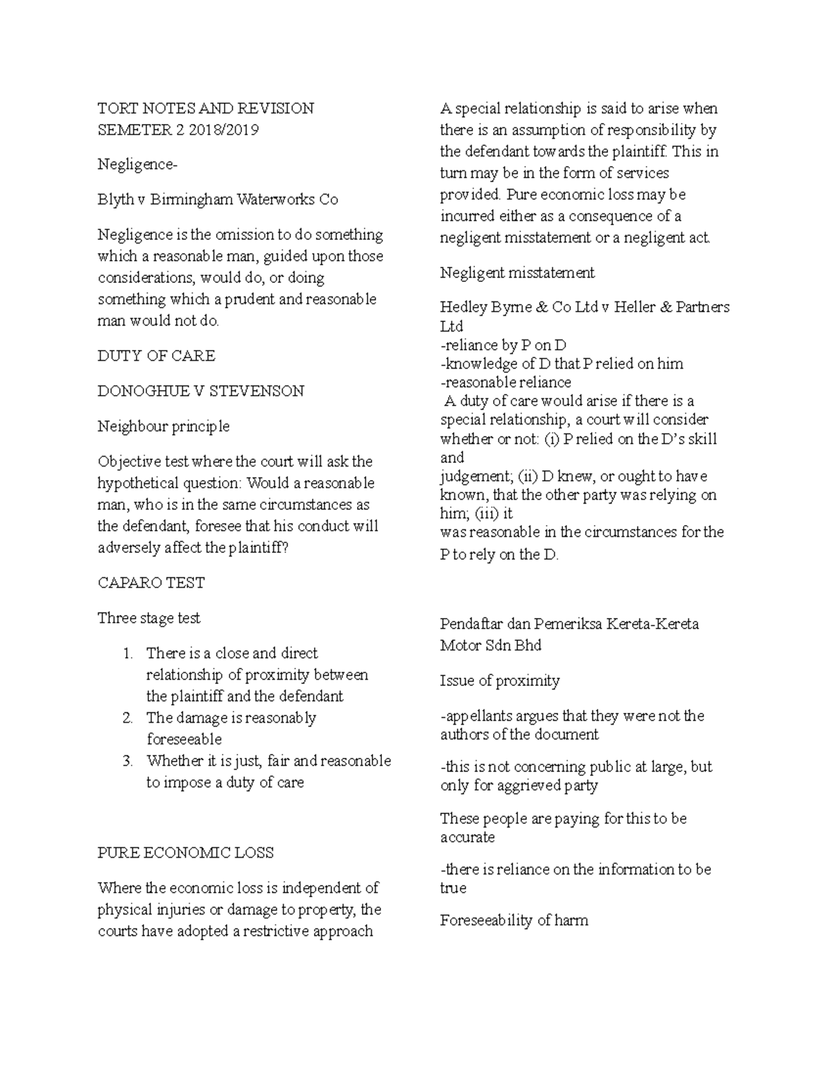 TORT Notes AND Revision Semeter 2 - TORT NOTES AND REVISION 