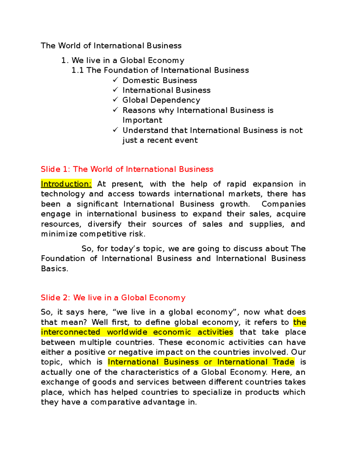 Report 1 - Lecture Notes 3-5 - The World Of International Business We ...