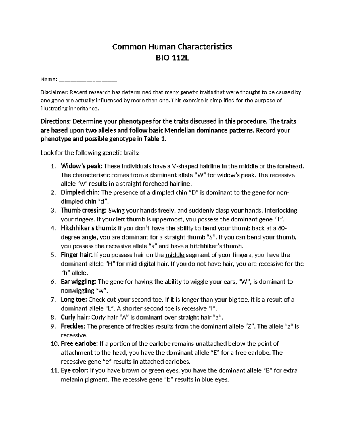 Lab 8b Common Human Characteristics 2024 - Common Human Characteristics ...