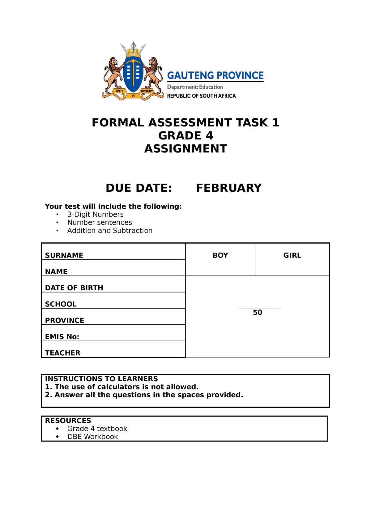 grade 4 assignment