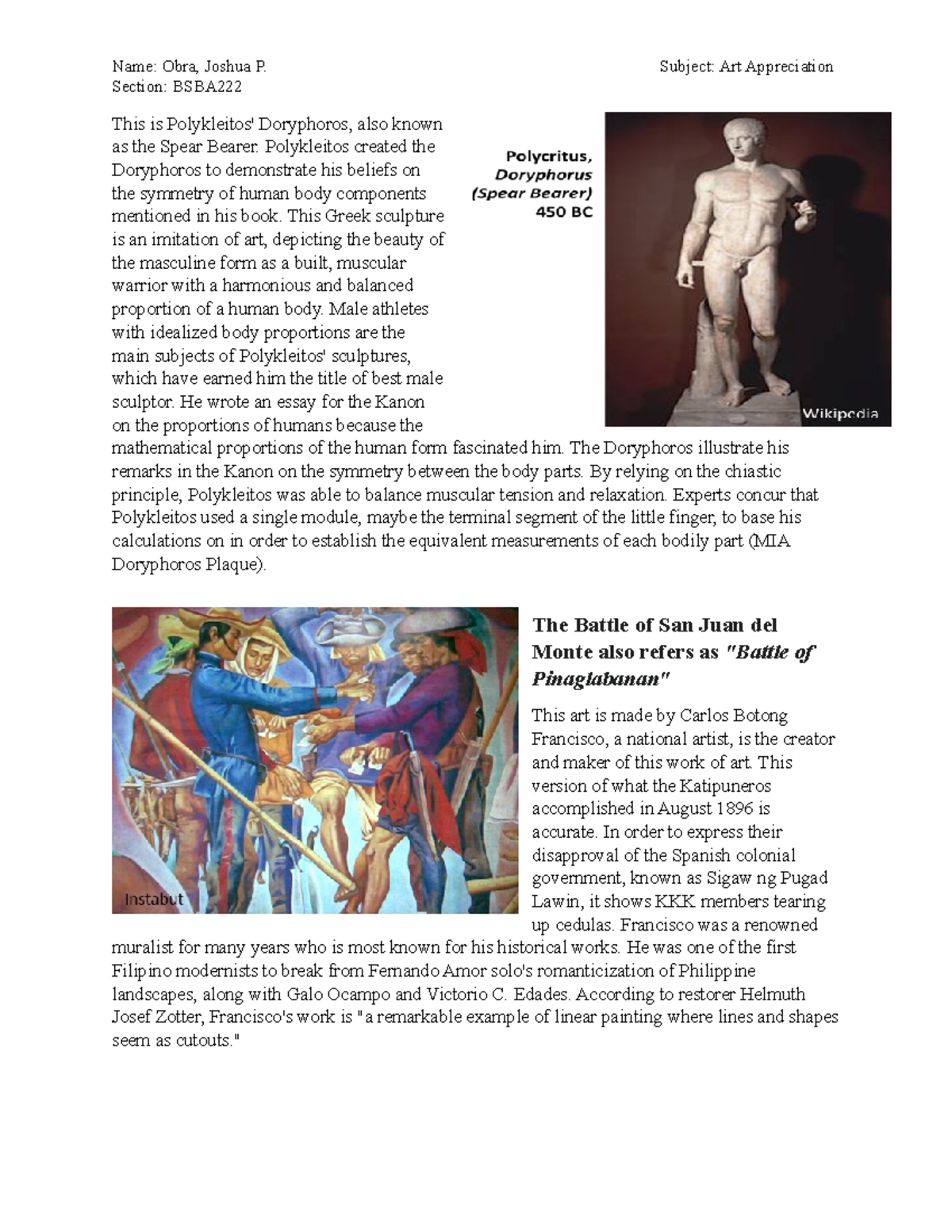 This is Polykleitos - ART OF APRECIATION - Name: Obra, Joshua P ...