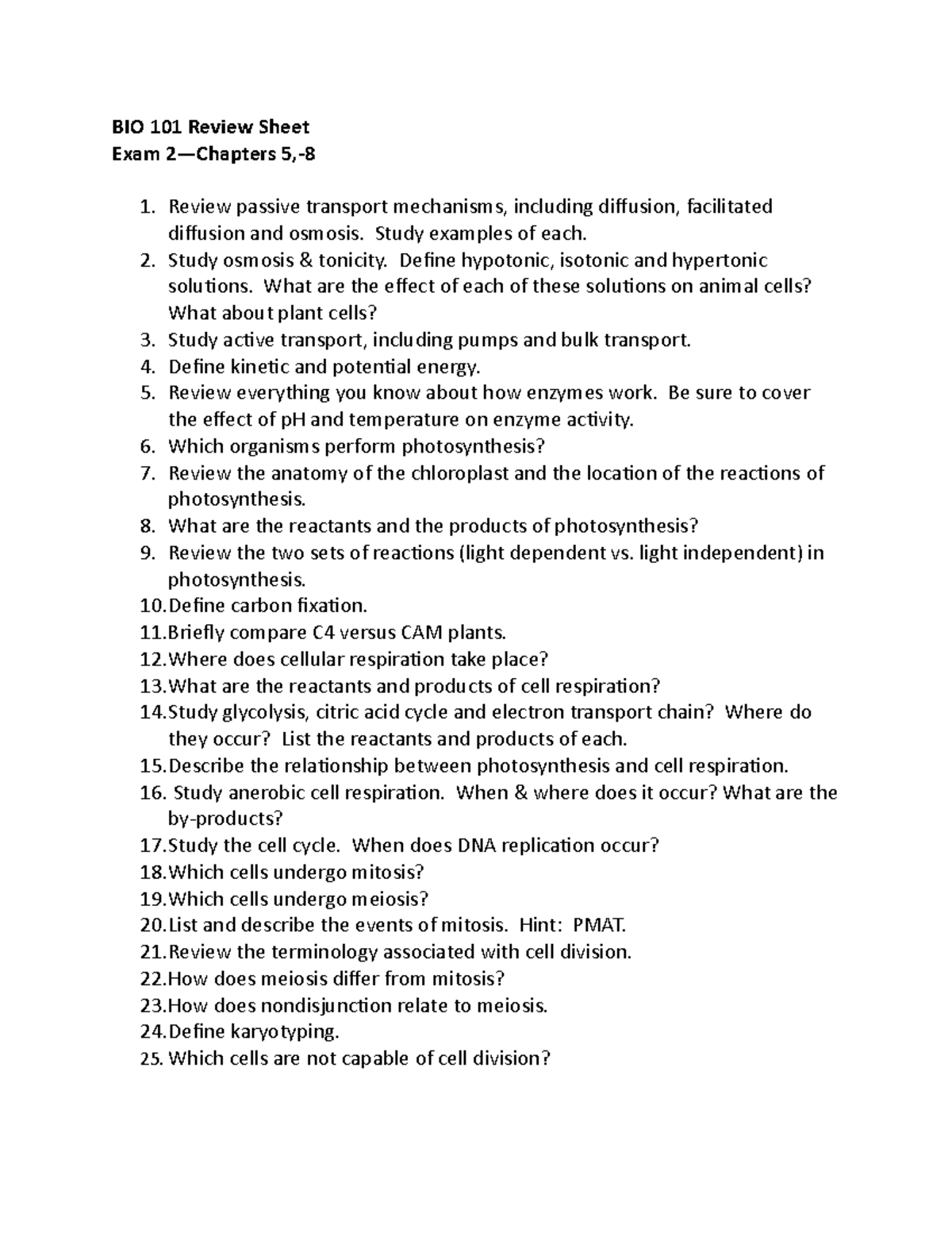 BIO 101 Review sheet exam 2 - BIO 101 - SCCC - Studocu