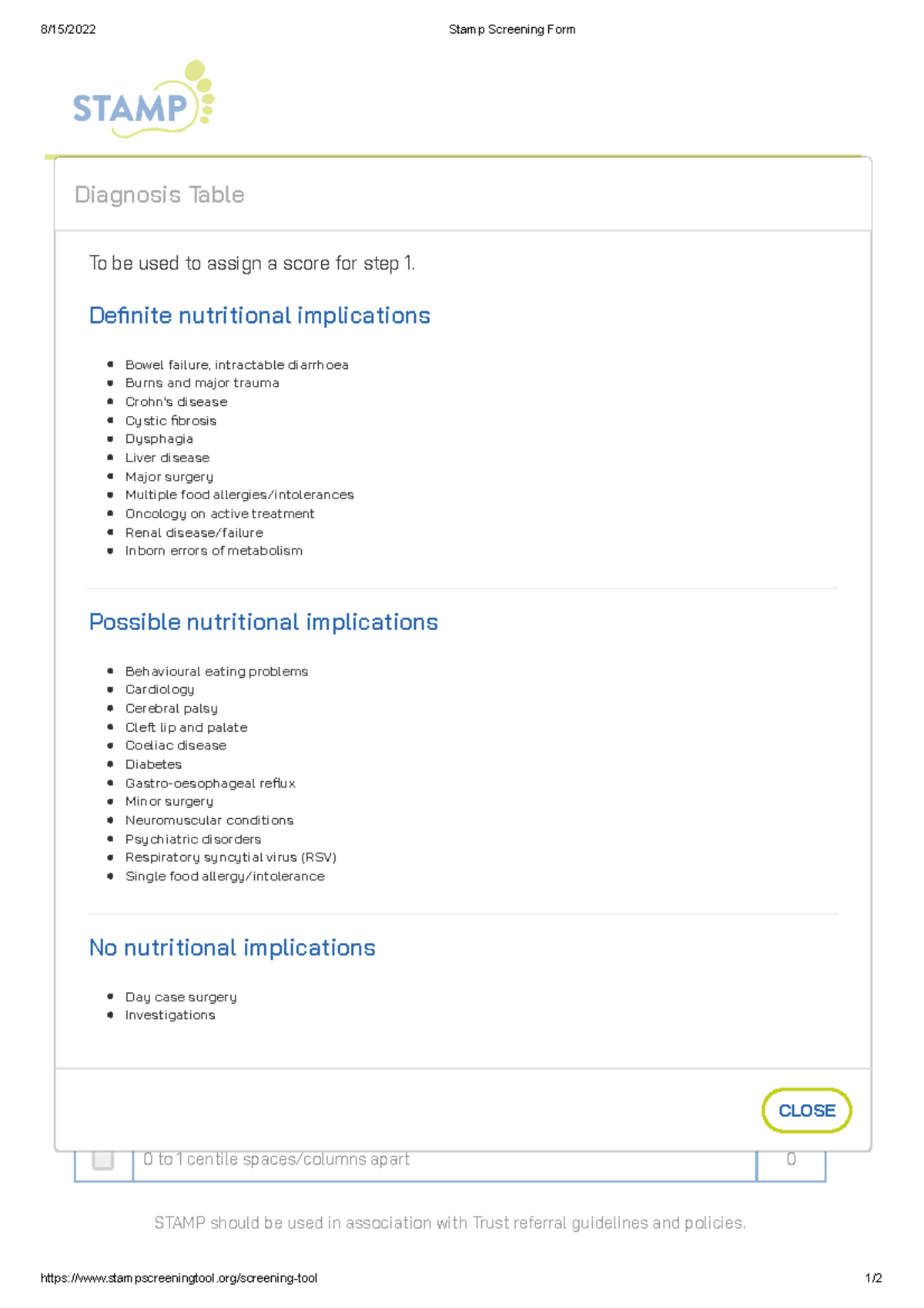 Stamp Screening Form diagnosis - 8/15/2022 Stamp Screening Form ...